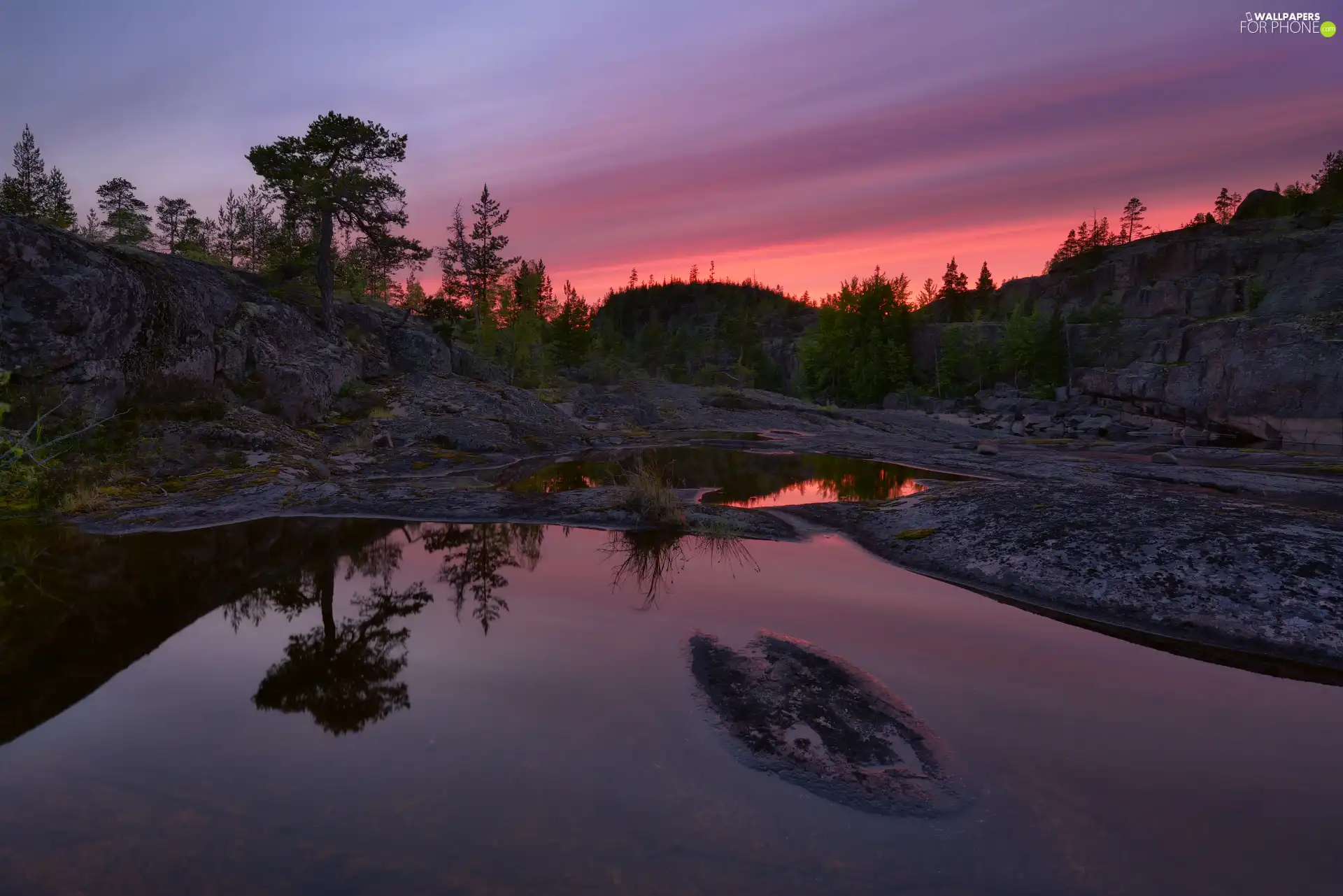 viewes, rocks, reflection, trees, Lake Ladoga, Great Sunsets, Russia