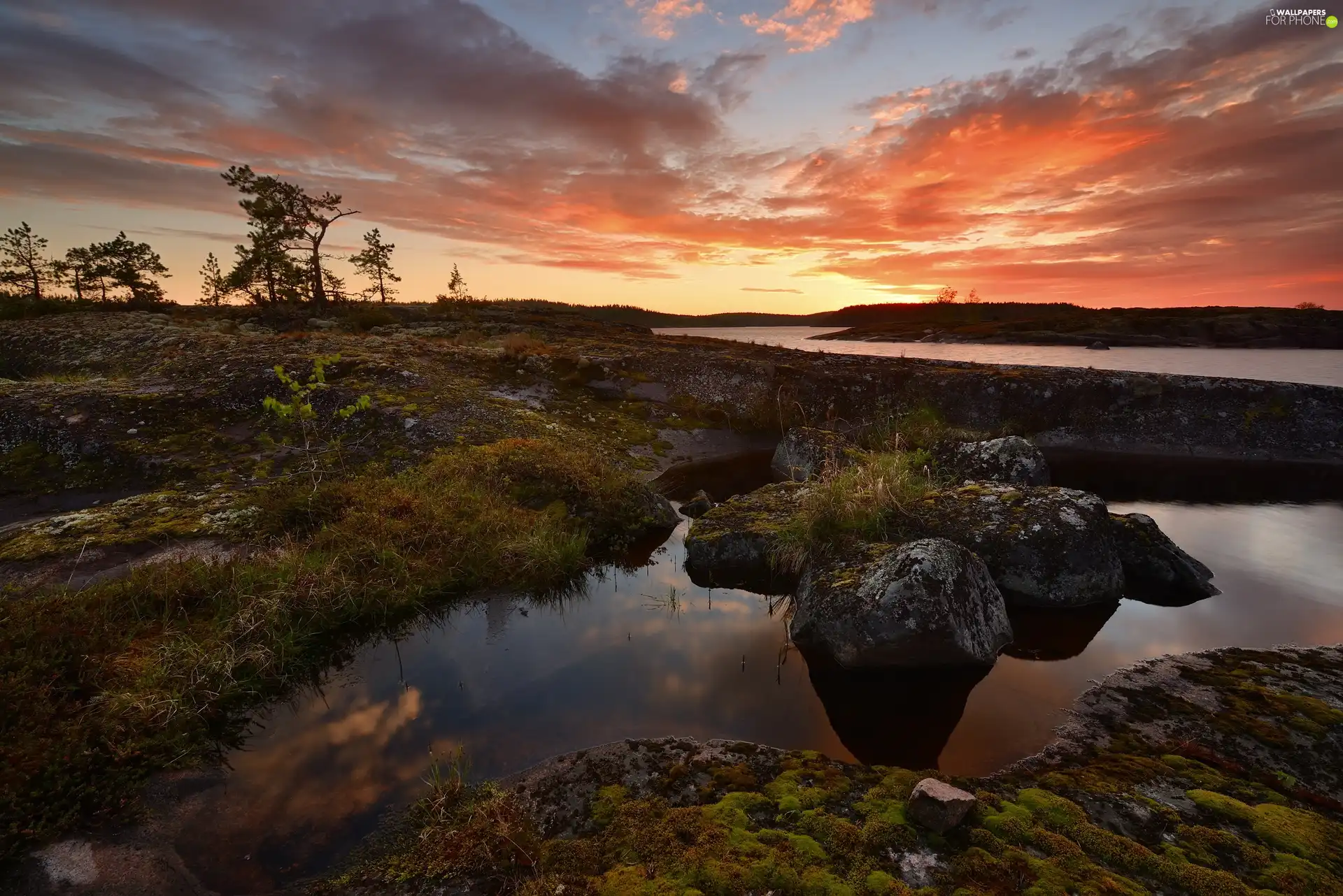 viewes, Stones, Russia, clouds, Karelia, trees, Lake Ladoga, Great Sunsets