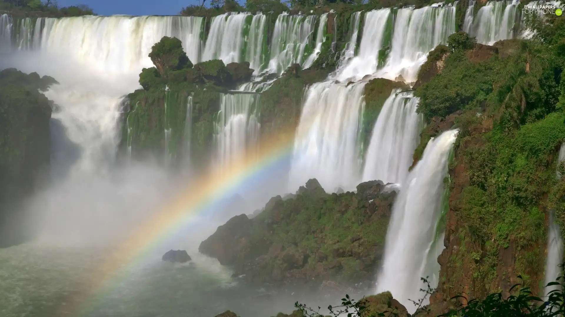 waterfalls, trees, viewes, Great Rainbows