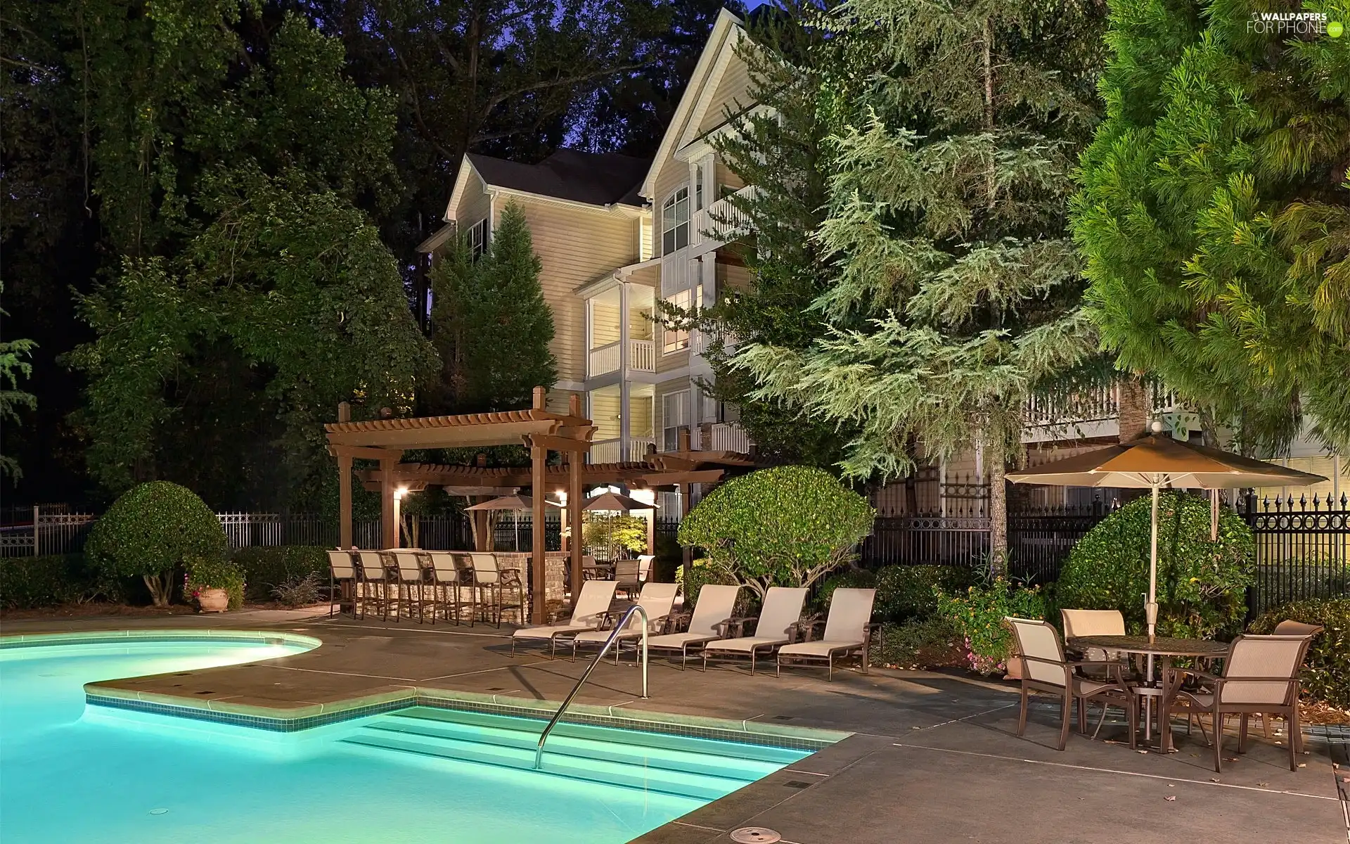 viewes, green, Pool, trees, Hotel hall