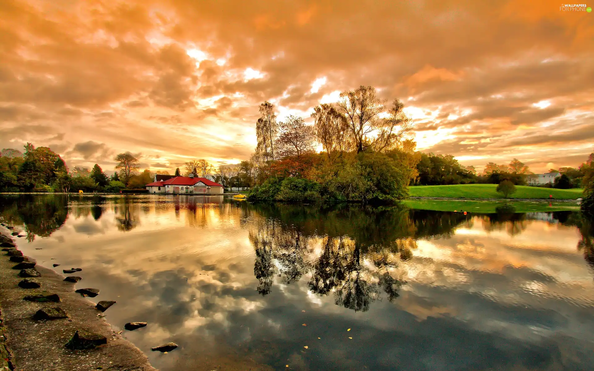 viewes, house, clouds, trees, lake