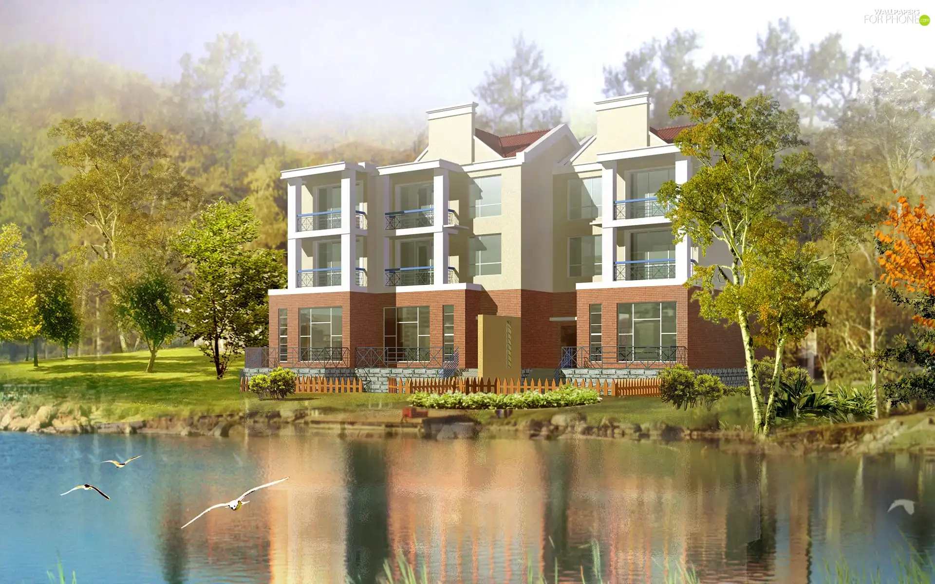 house, trees, viewes, water