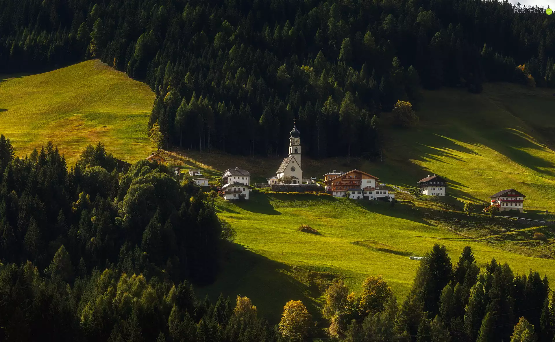 trees, viewes, Houses, Church, Valley