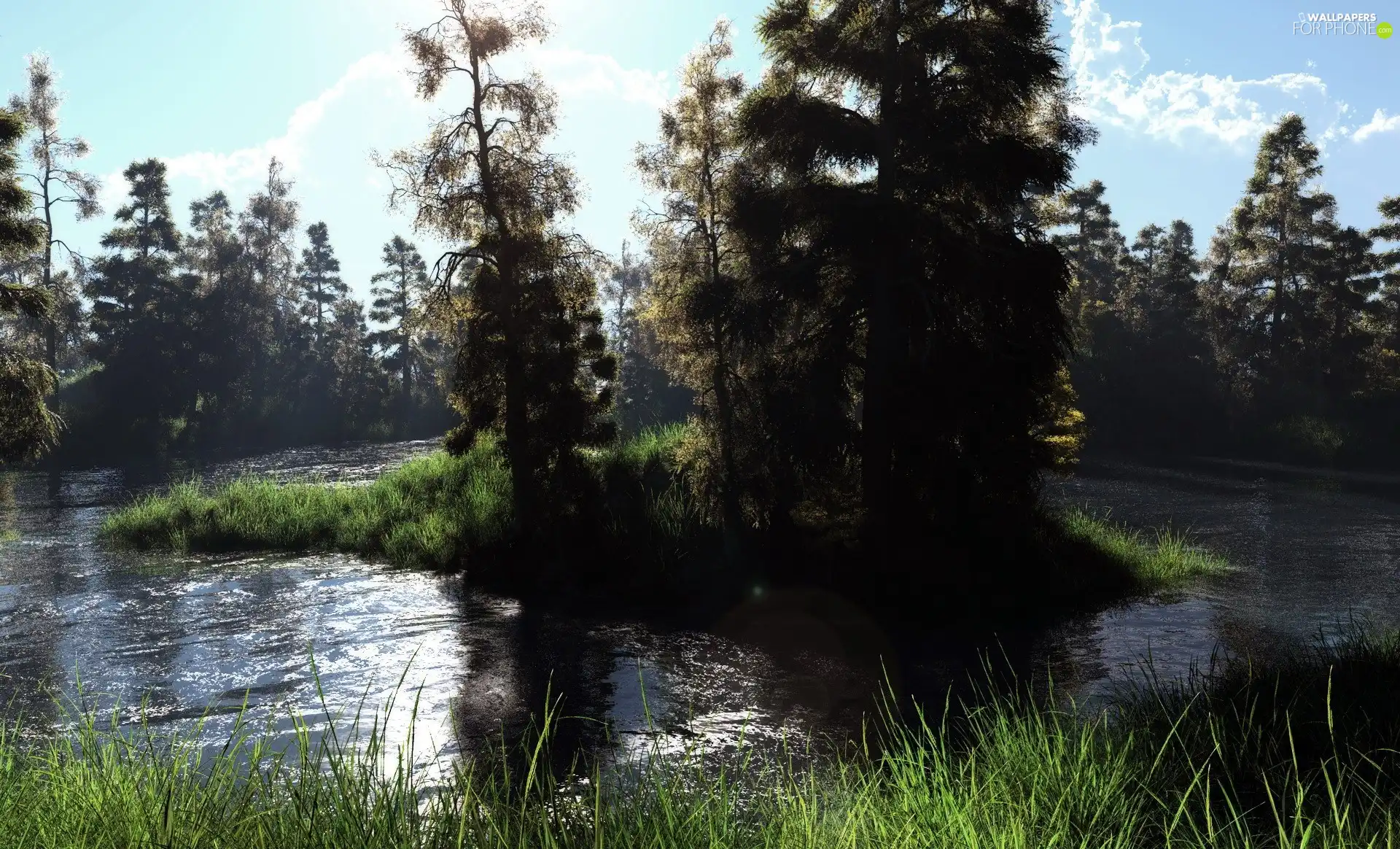 viewes, Islet, grass, trees, River