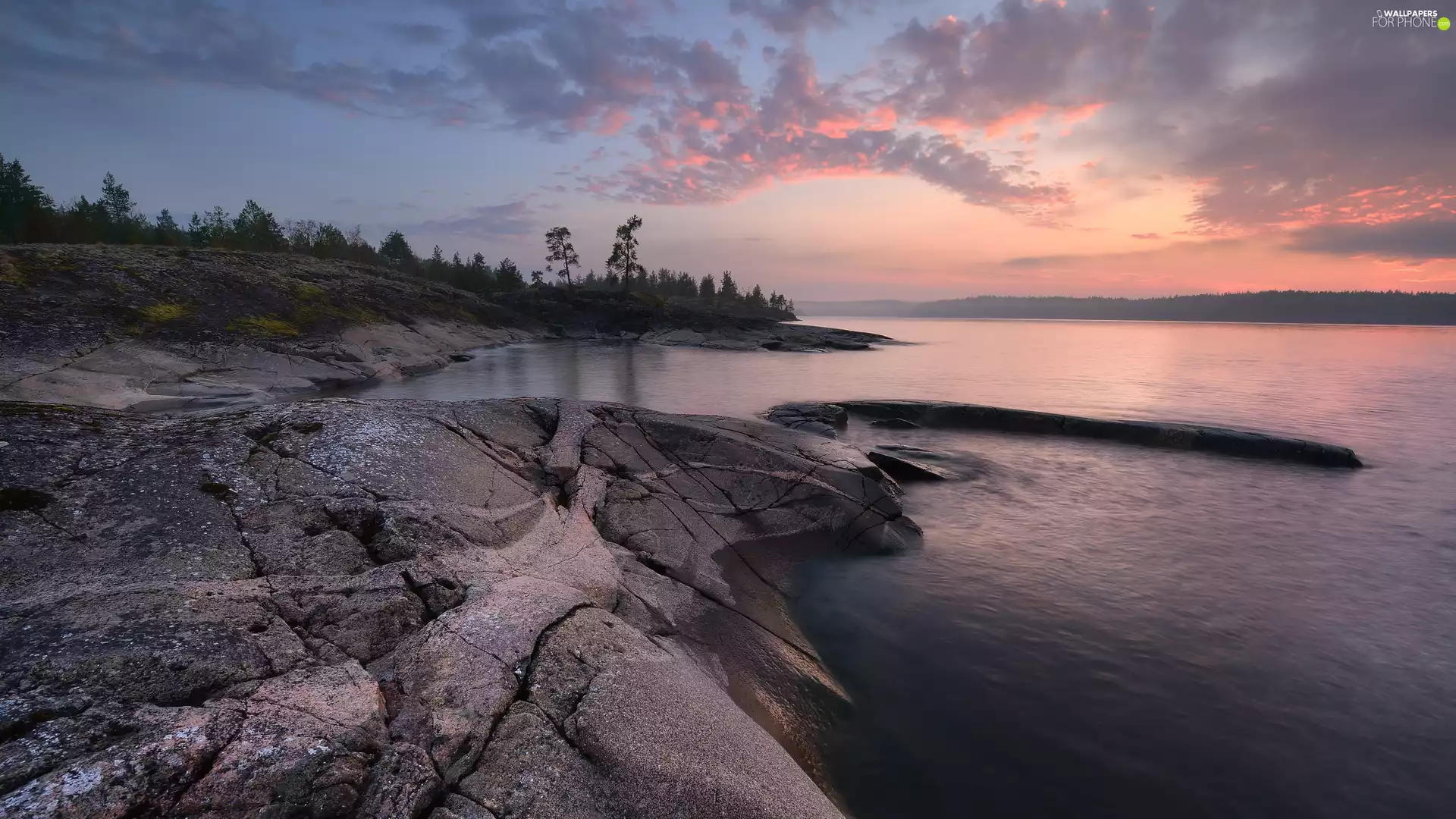 rocks, Lake Ladoga, viewes, Russia, trees, Sunrise