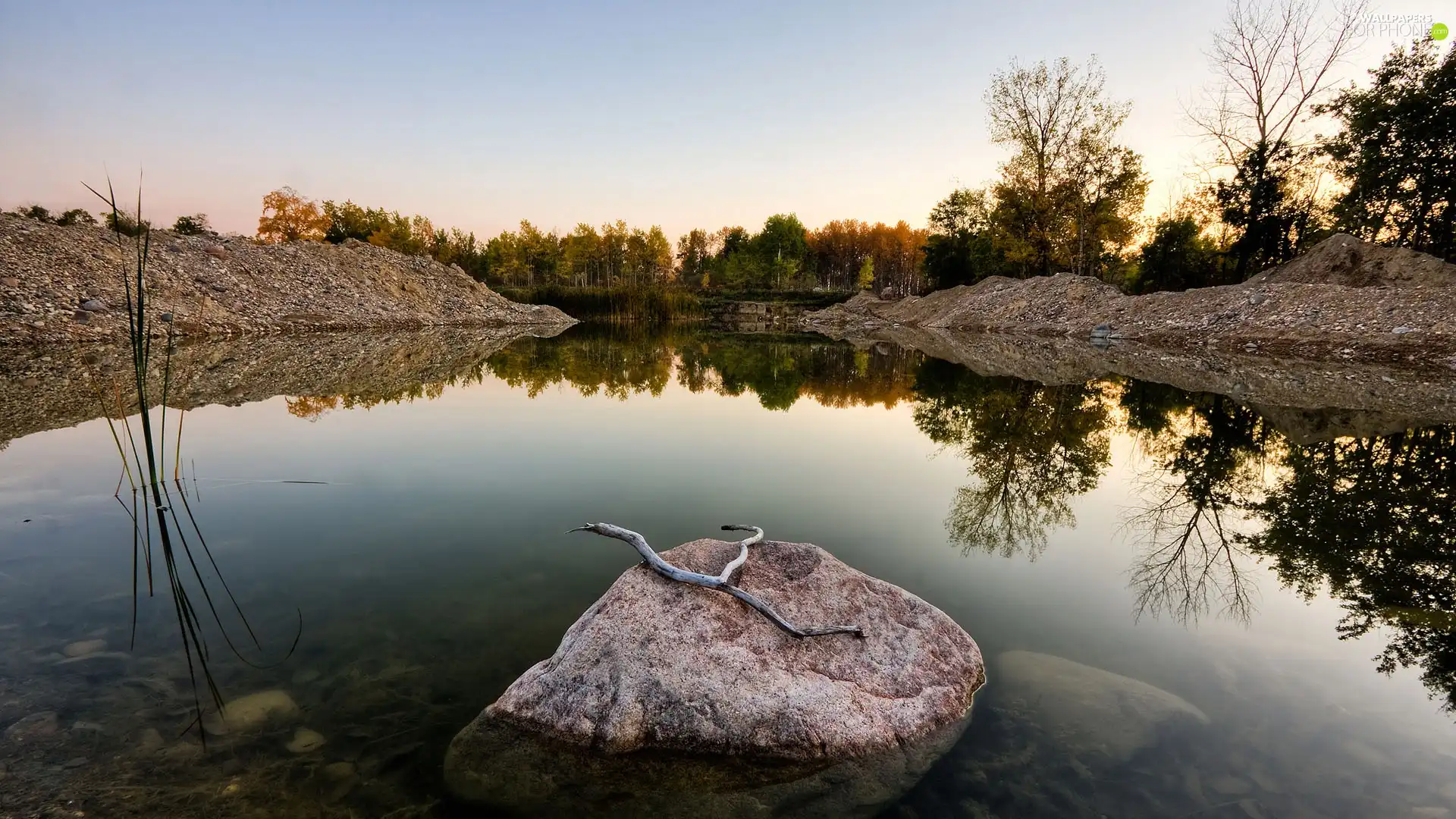 lake, trees, viewes, Stone