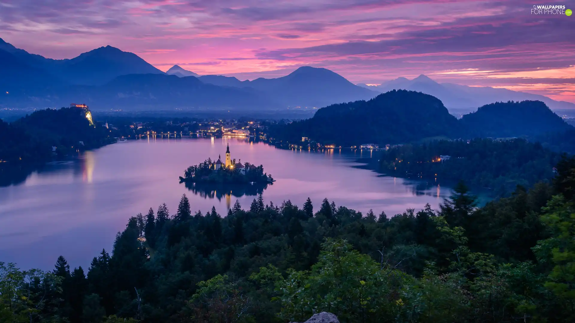 Lake Bled, Blejski Otok Island, Church of the Assumption of the Virgin Mary, Mountains, clouds, Slovenia, viewes, Sunrise, trees