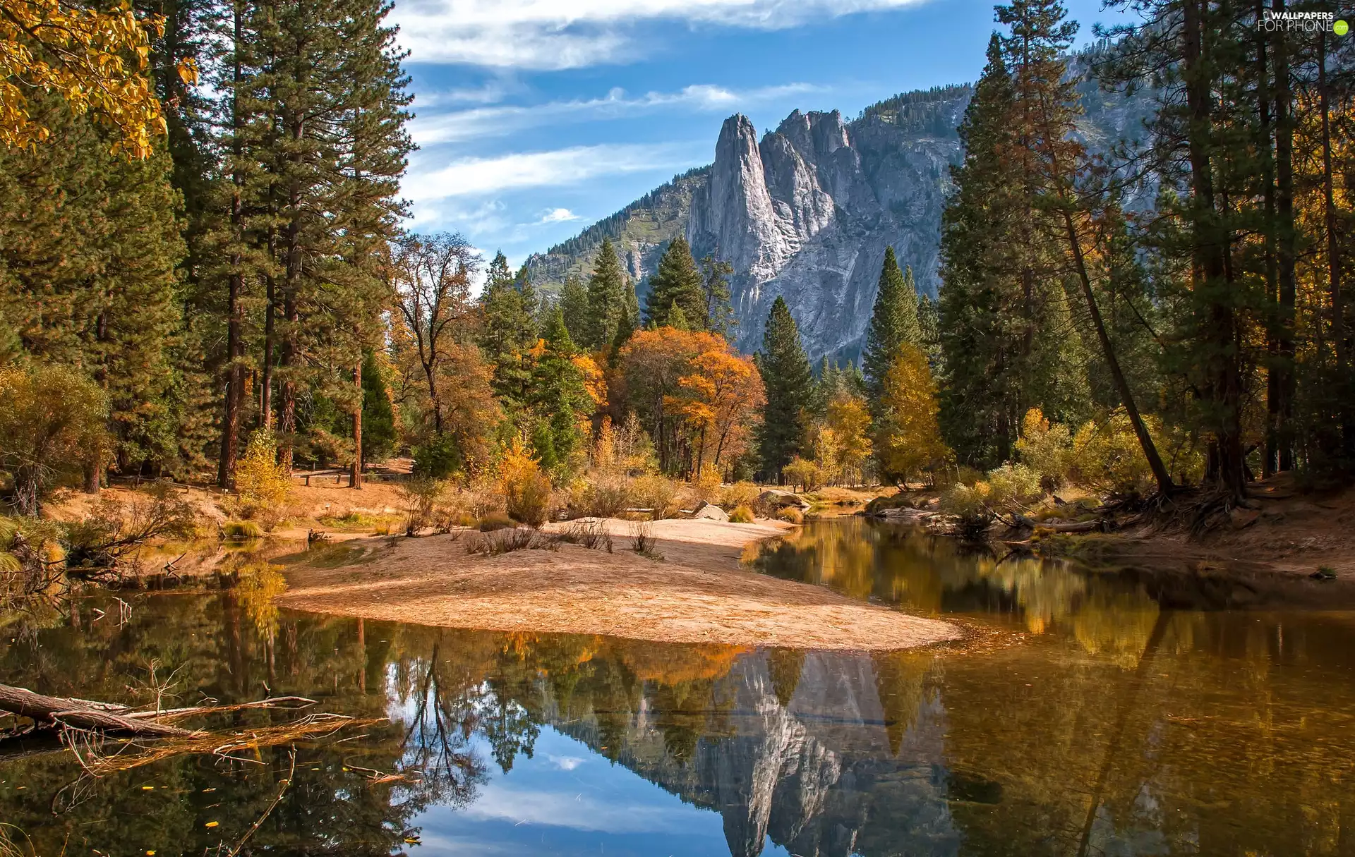 lake, autumn, trees, viewes, forest, Mountains