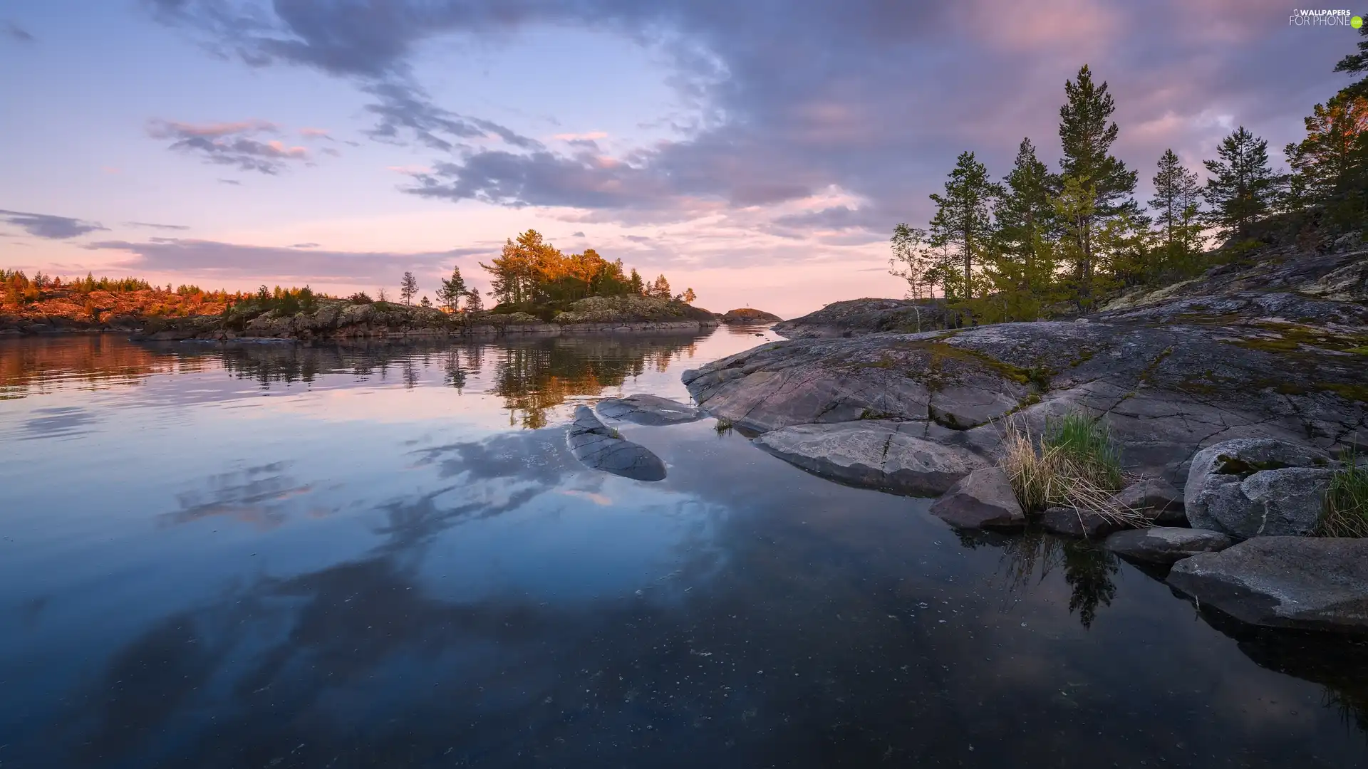 lake, Ladoga, rocks, trees, clouds, Karelia, Russia, viewes