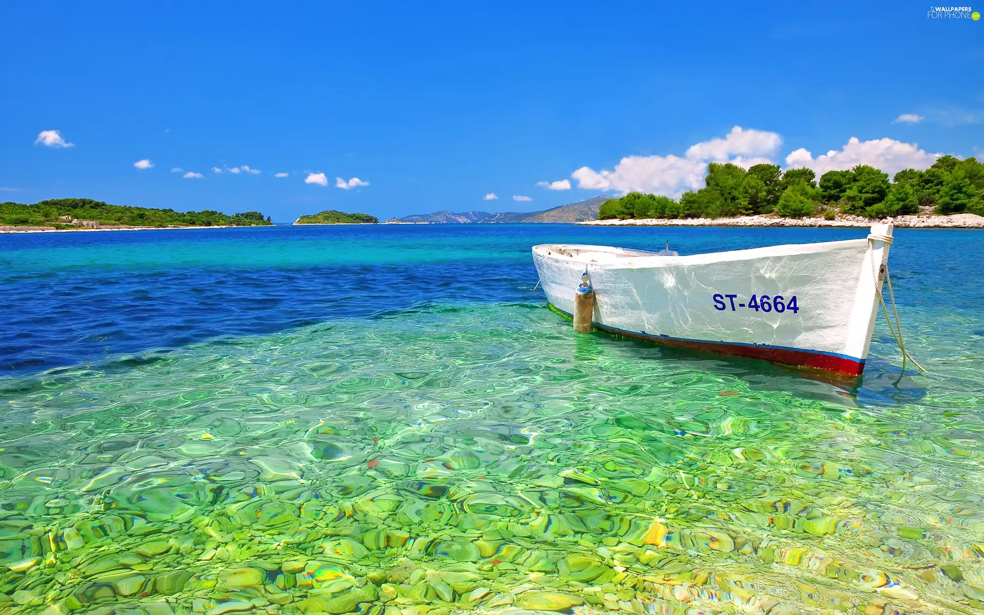 viewes, Sky, Boat, trees, sea