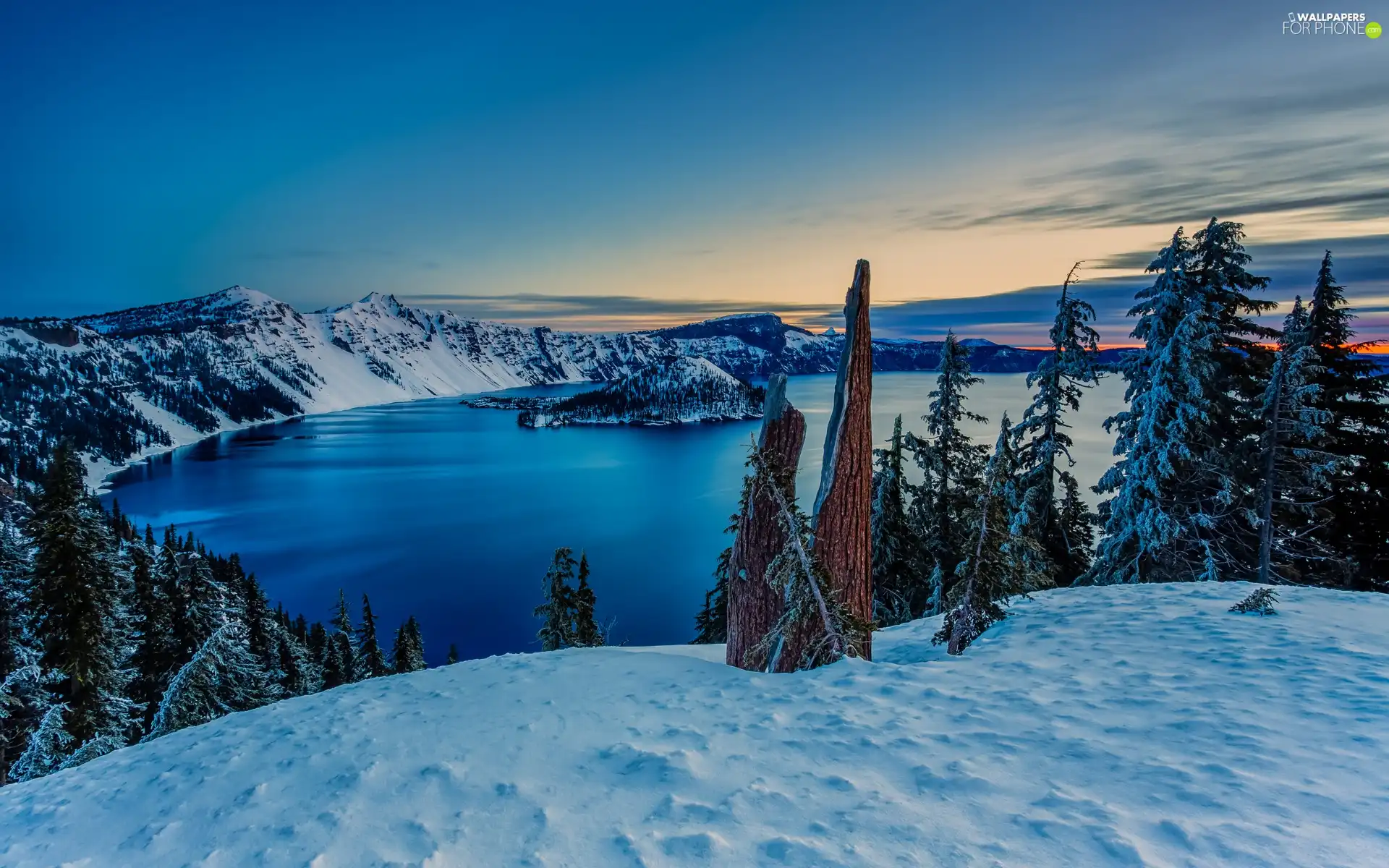 viewes, snow, Mountains, trees, lake