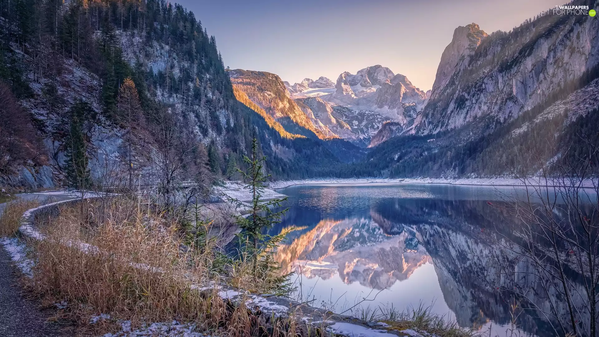 trees, viewes, snow, lake, Mountains