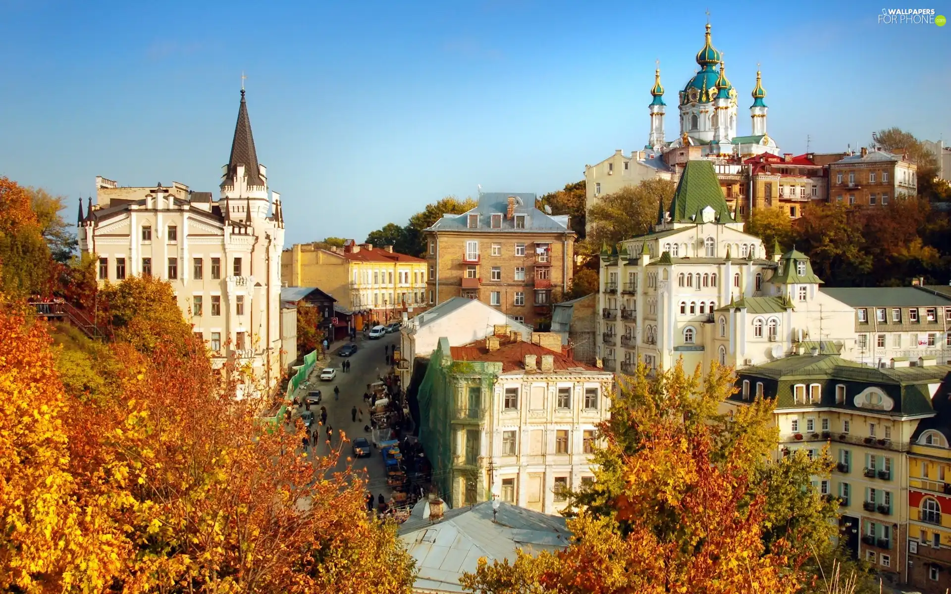 buildings, Town, viewes, Street, trees, View