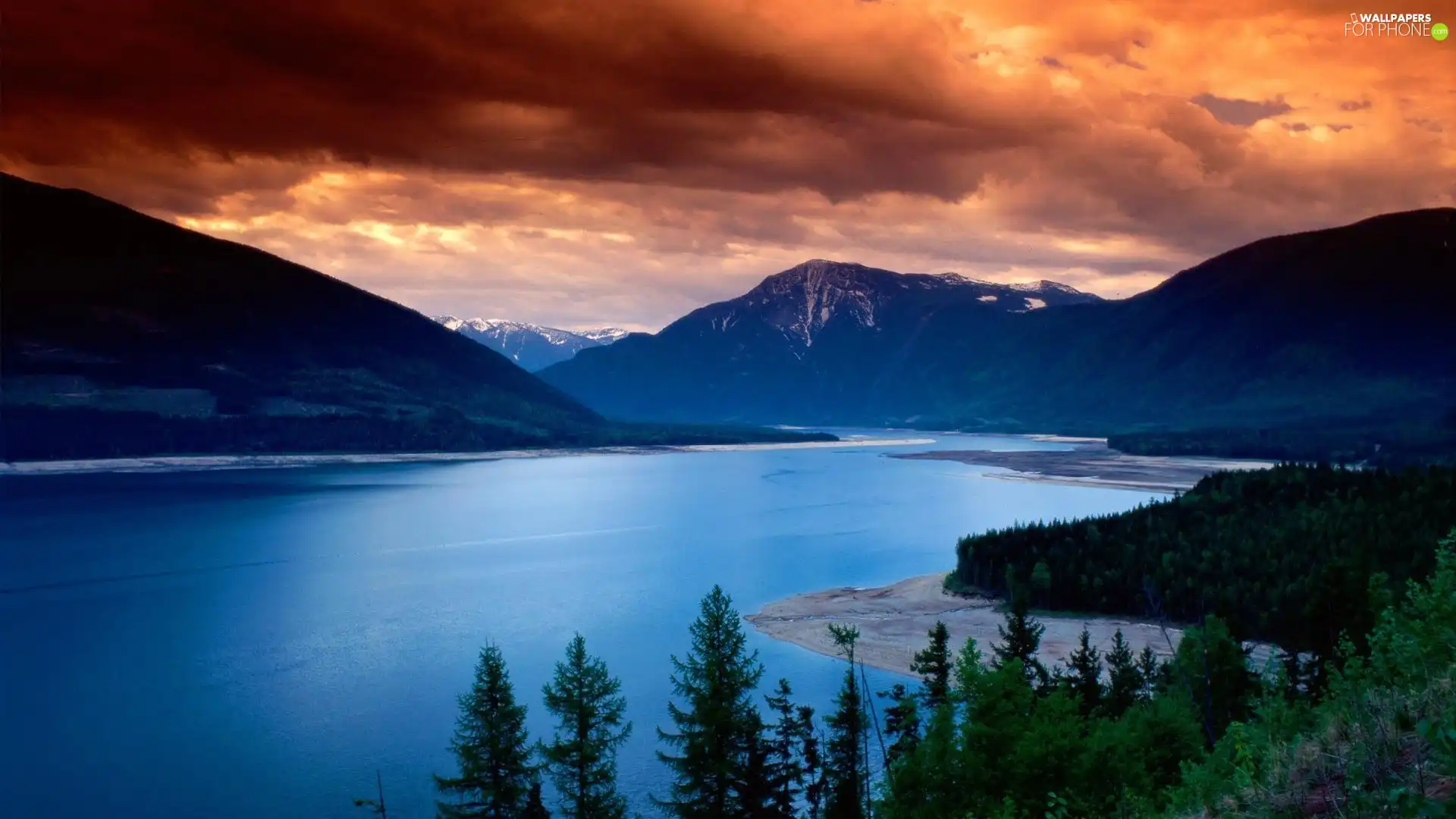 trees, Beaches, west, Mountains, lake, viewes, sun