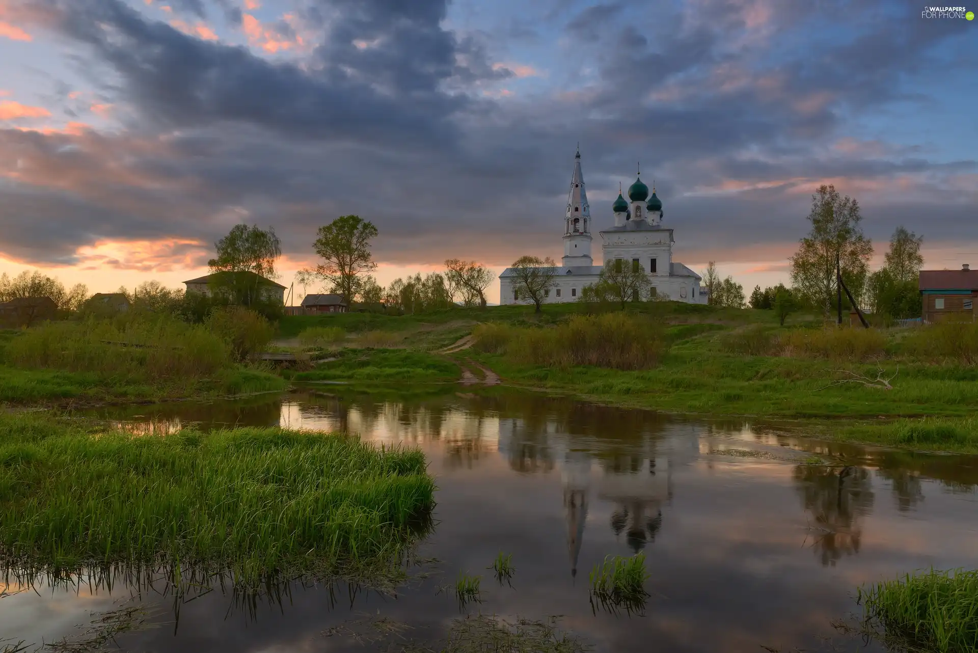 Cerkiew, River, trees, viewes, Houses, Sunrise