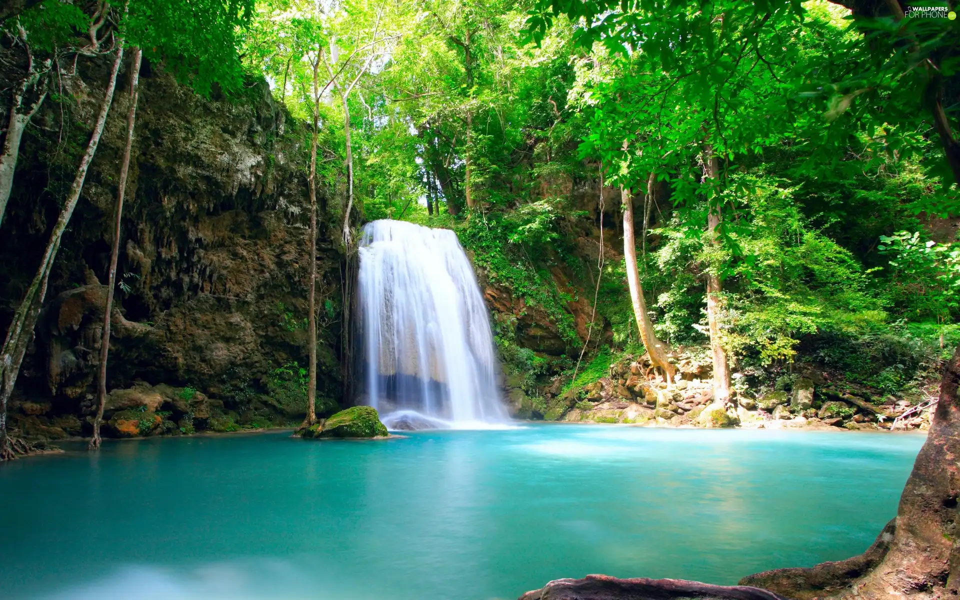 viewes, waterfall, trees