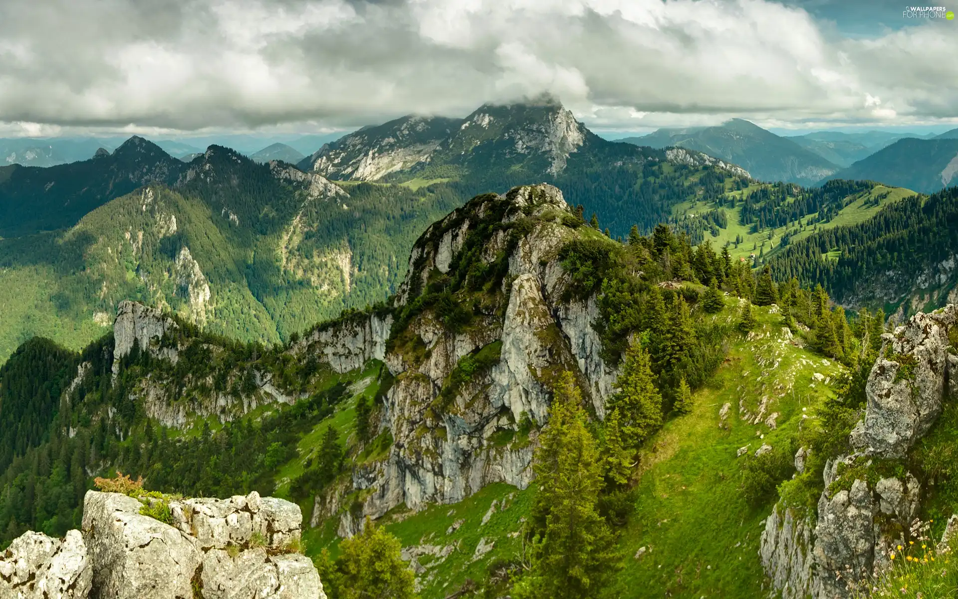 clouds, mountains, viewes, vegetation, trees, height