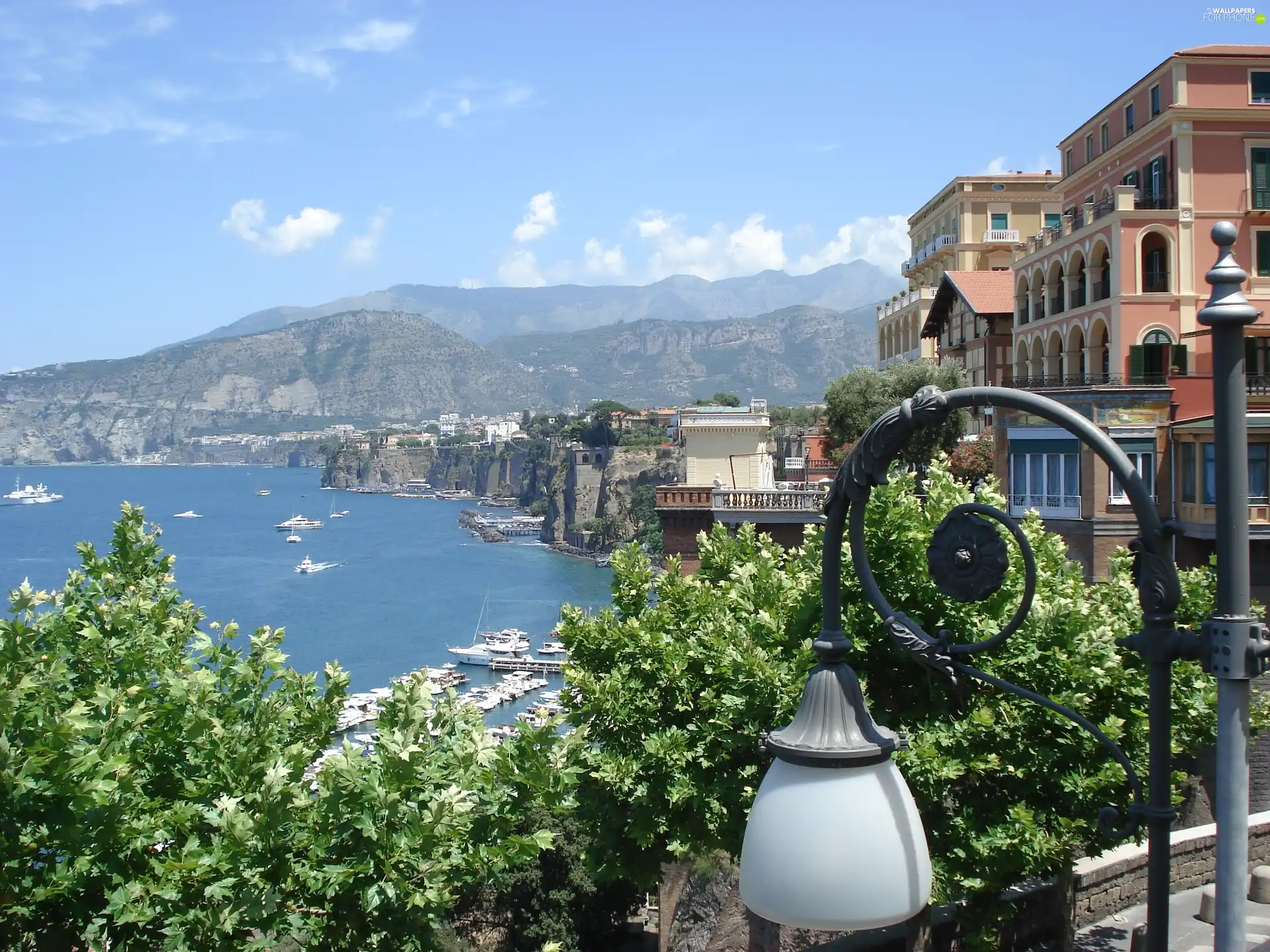 trees, Italy, Houses, Lamp, Sorrento, viewes, water