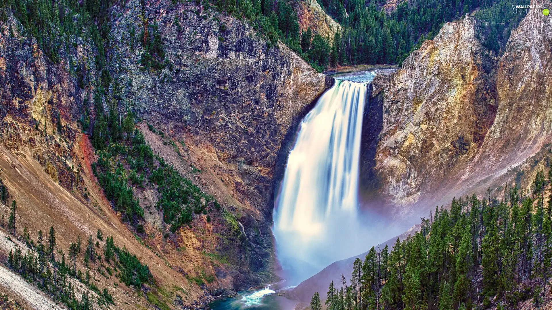 waterfall, trees, viewes, Mountains