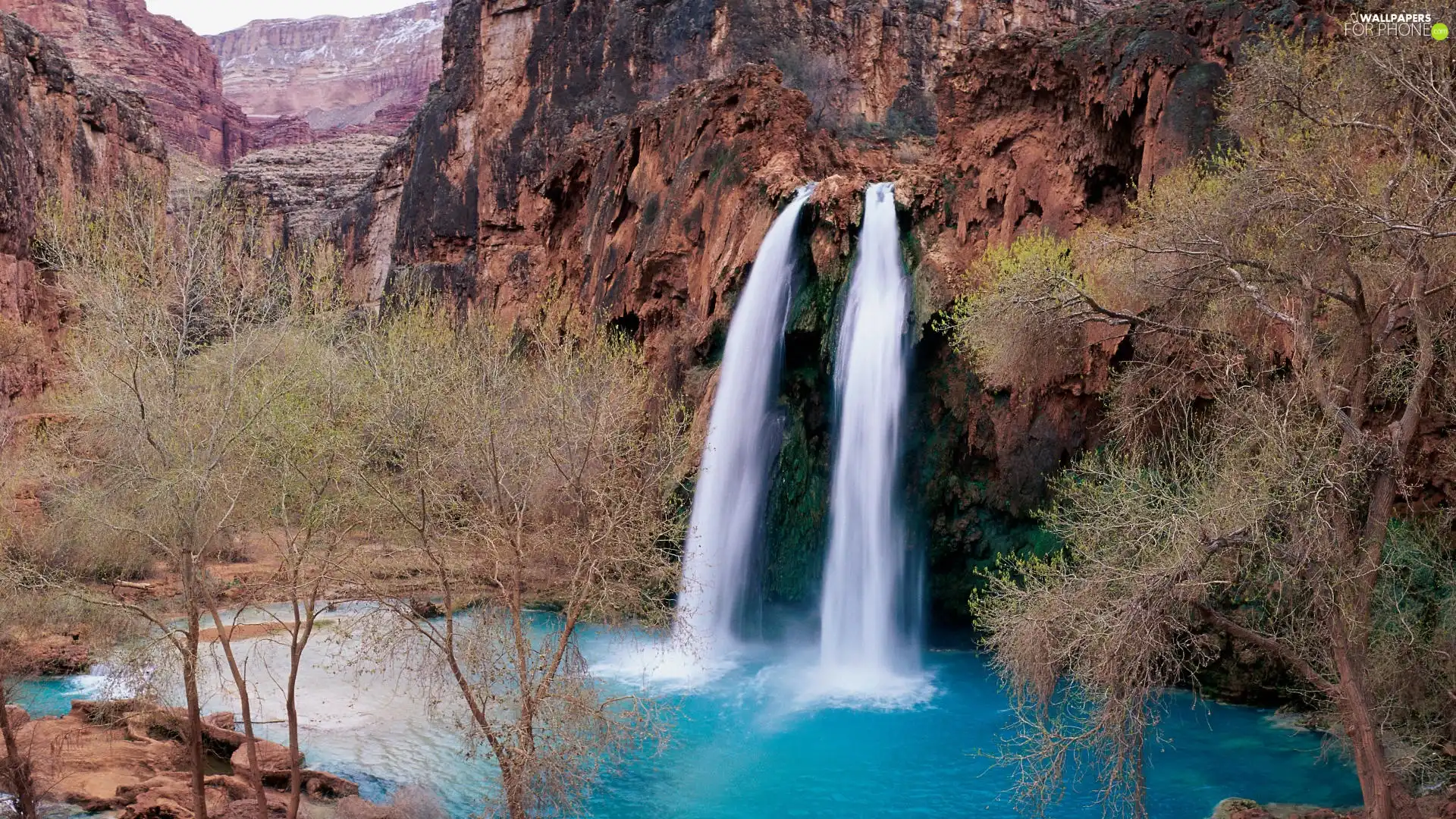 waterfall, trees, viewes, rocks