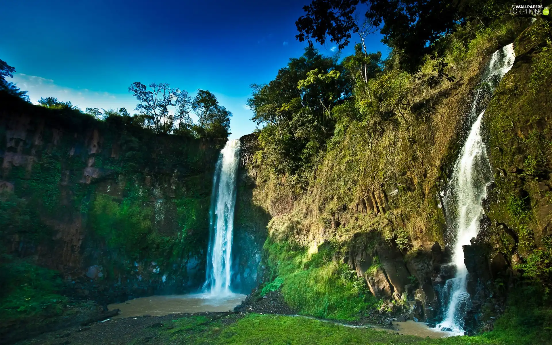 waterfalls, trees, viewes, rocks