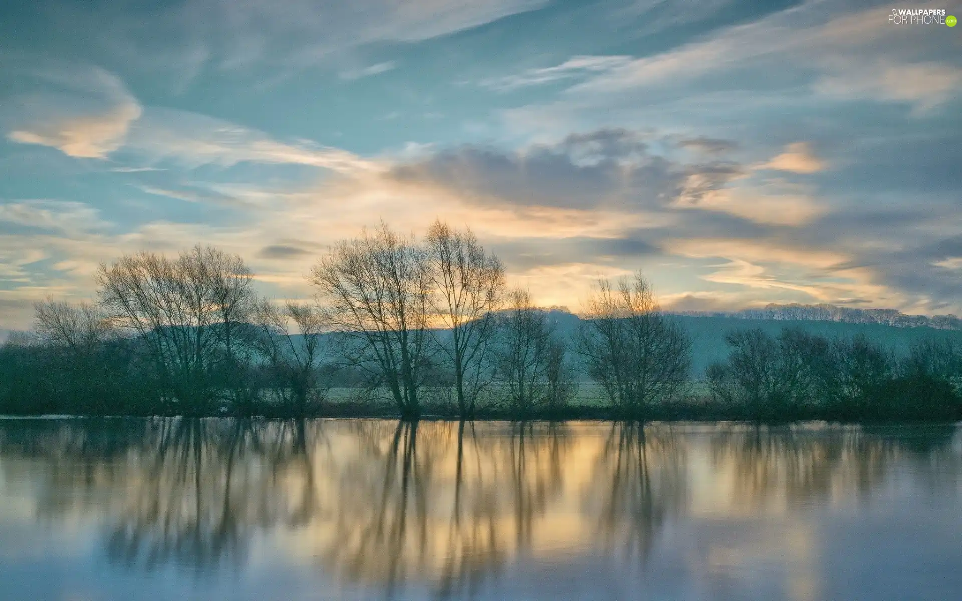 viewes, lake, west, sun, The Hills, trees