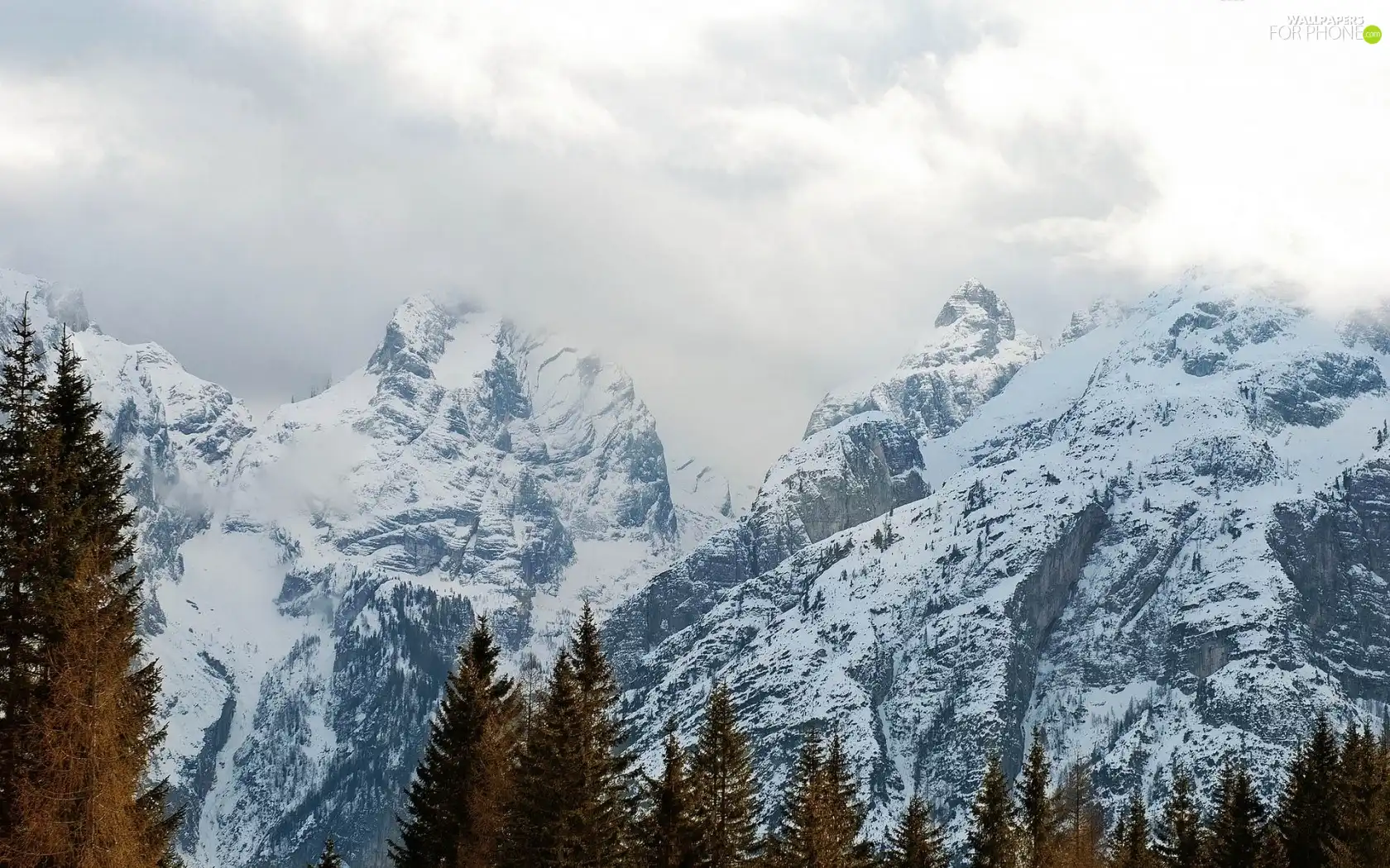 viewes, winter, Mountains, trees, clouds