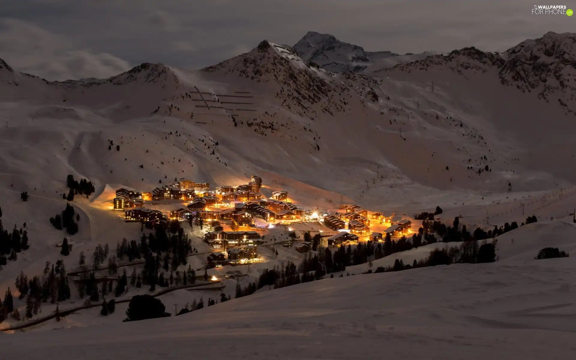 trees, Town, Mountains, Houses, illuminated, viewes, winter
