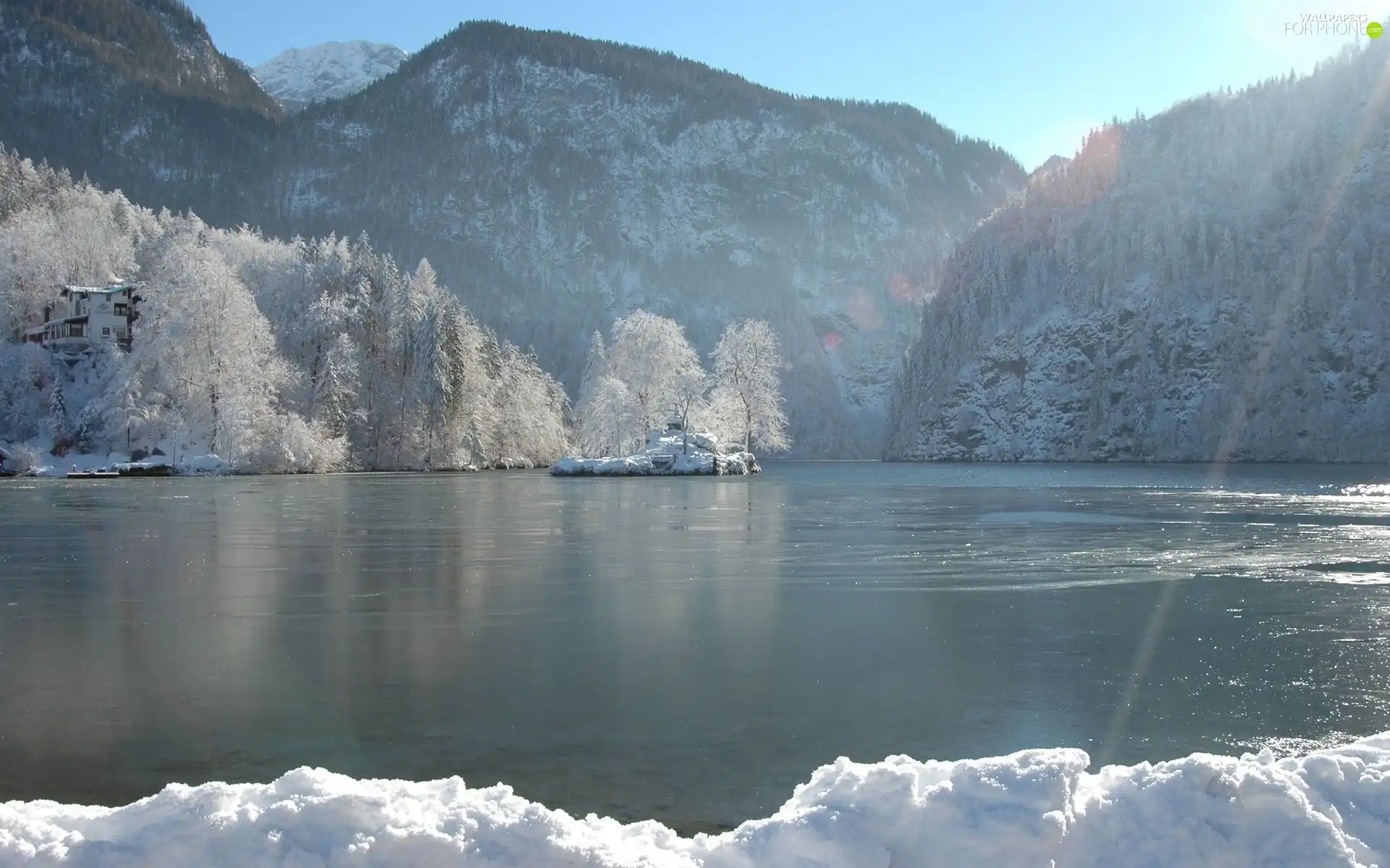 viewes, winter, lake, trees, Mountains