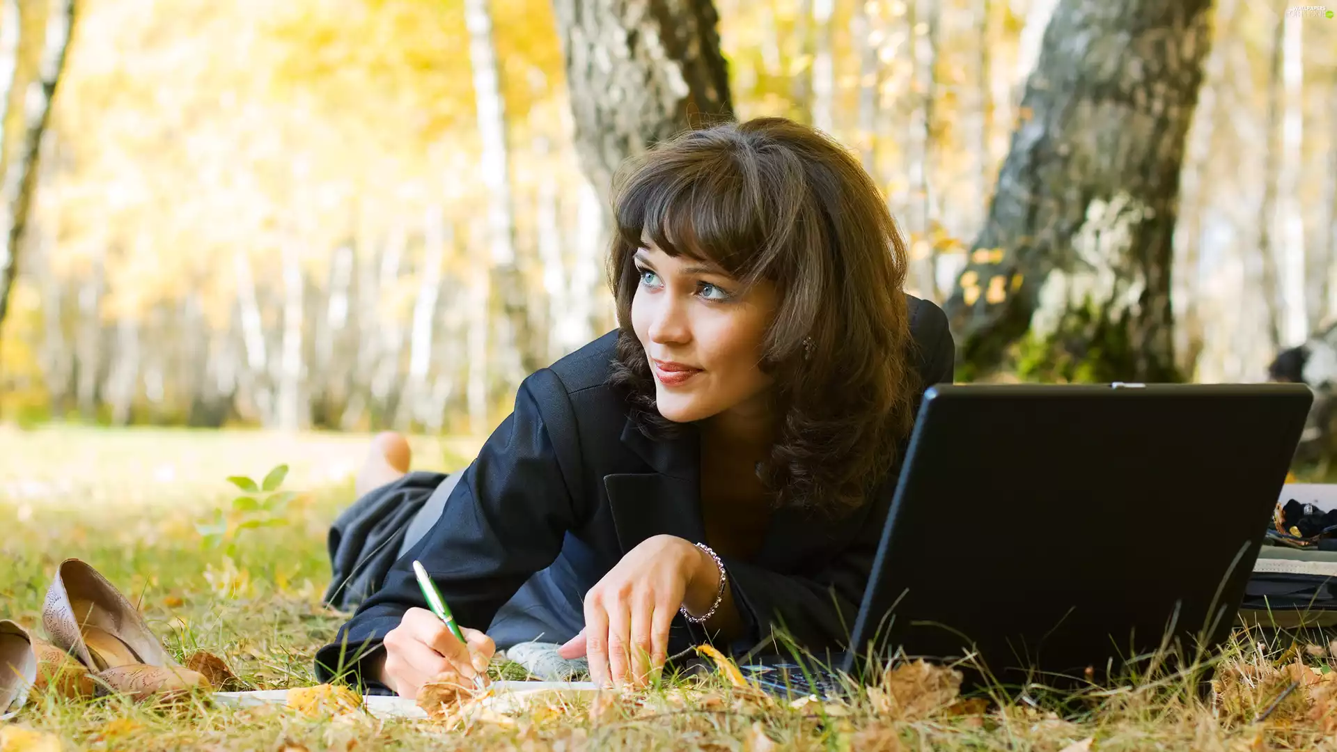 laptop, laying, trees, viewes, forest, Women
