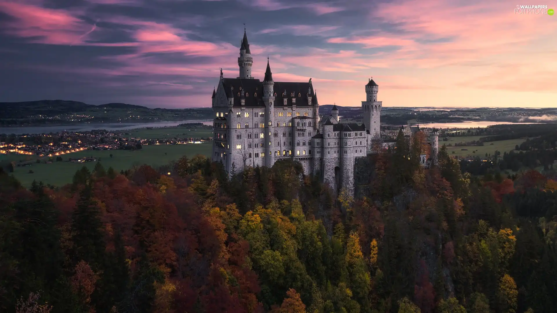 trees, Hill, field, viewes, Alps, Germany, Bavaria, Neuschwanstein Castle, woods, Great Sunsets, Mountains