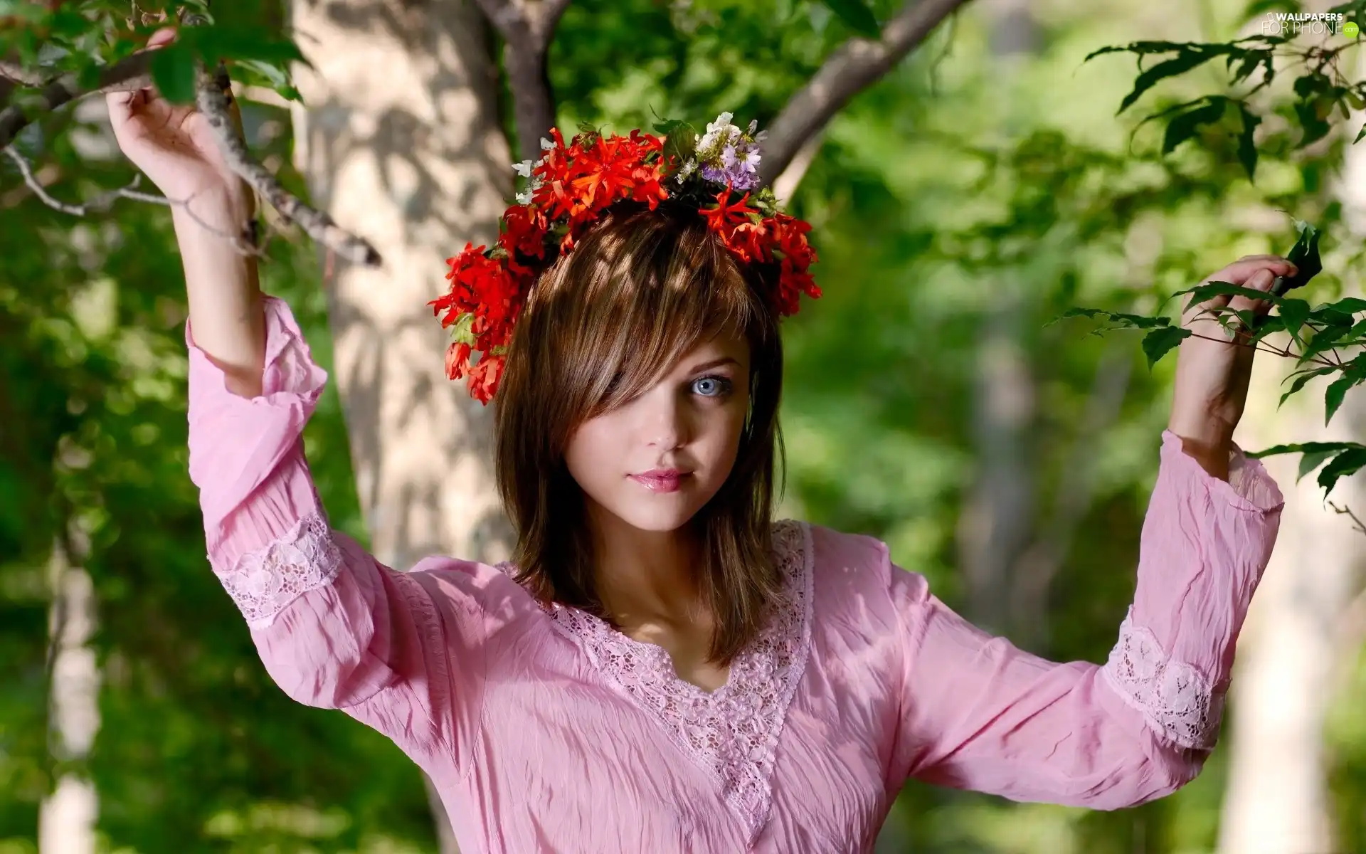 viewes, wreath, Women, trees, Beauty
