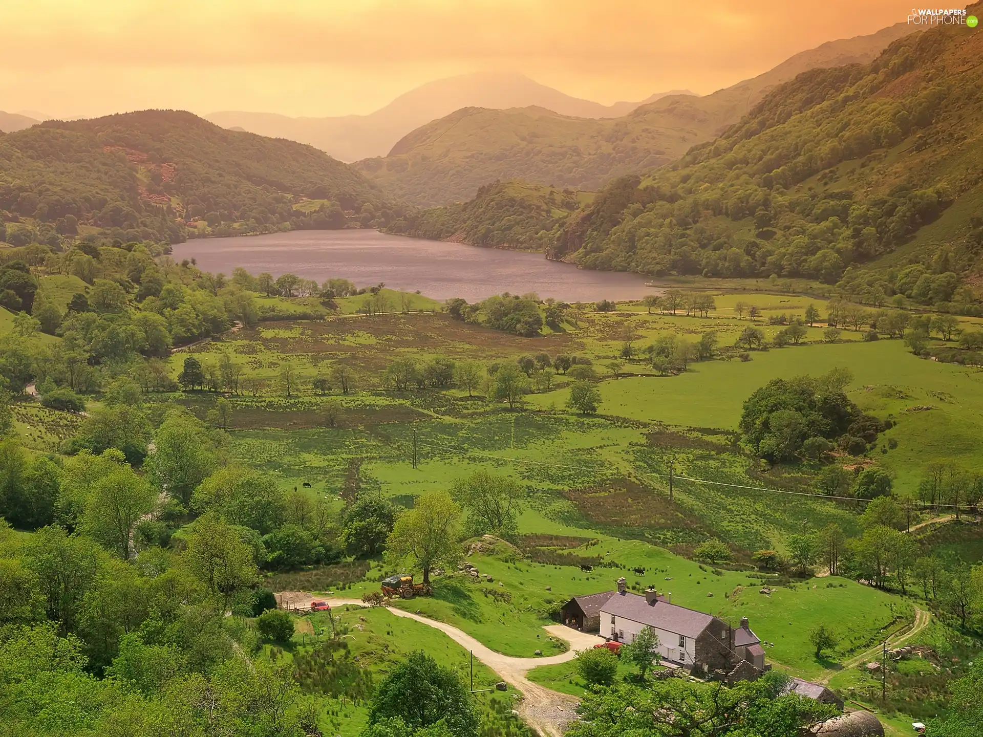 village, Mountains, lake