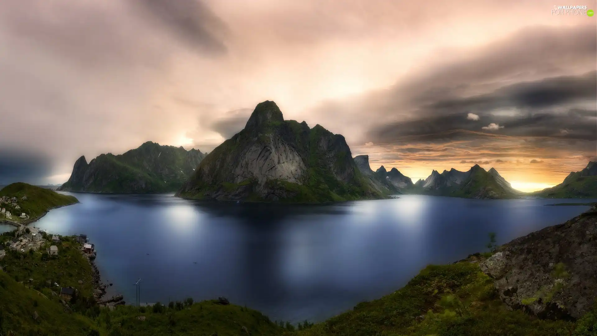 sea, Norway, village, Sunrise, Mountains, Lofoten