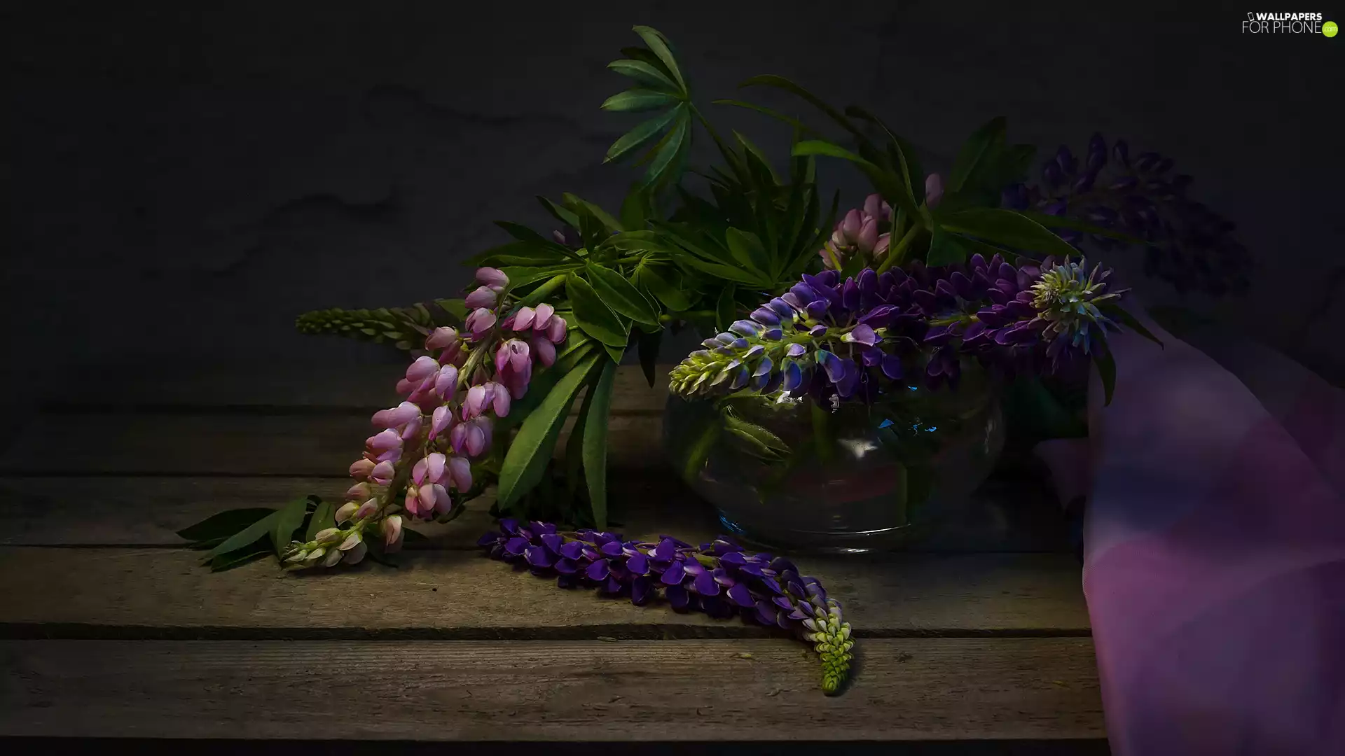 lupine, Pink, Vase, Violet, Flowers, glass, bouquet