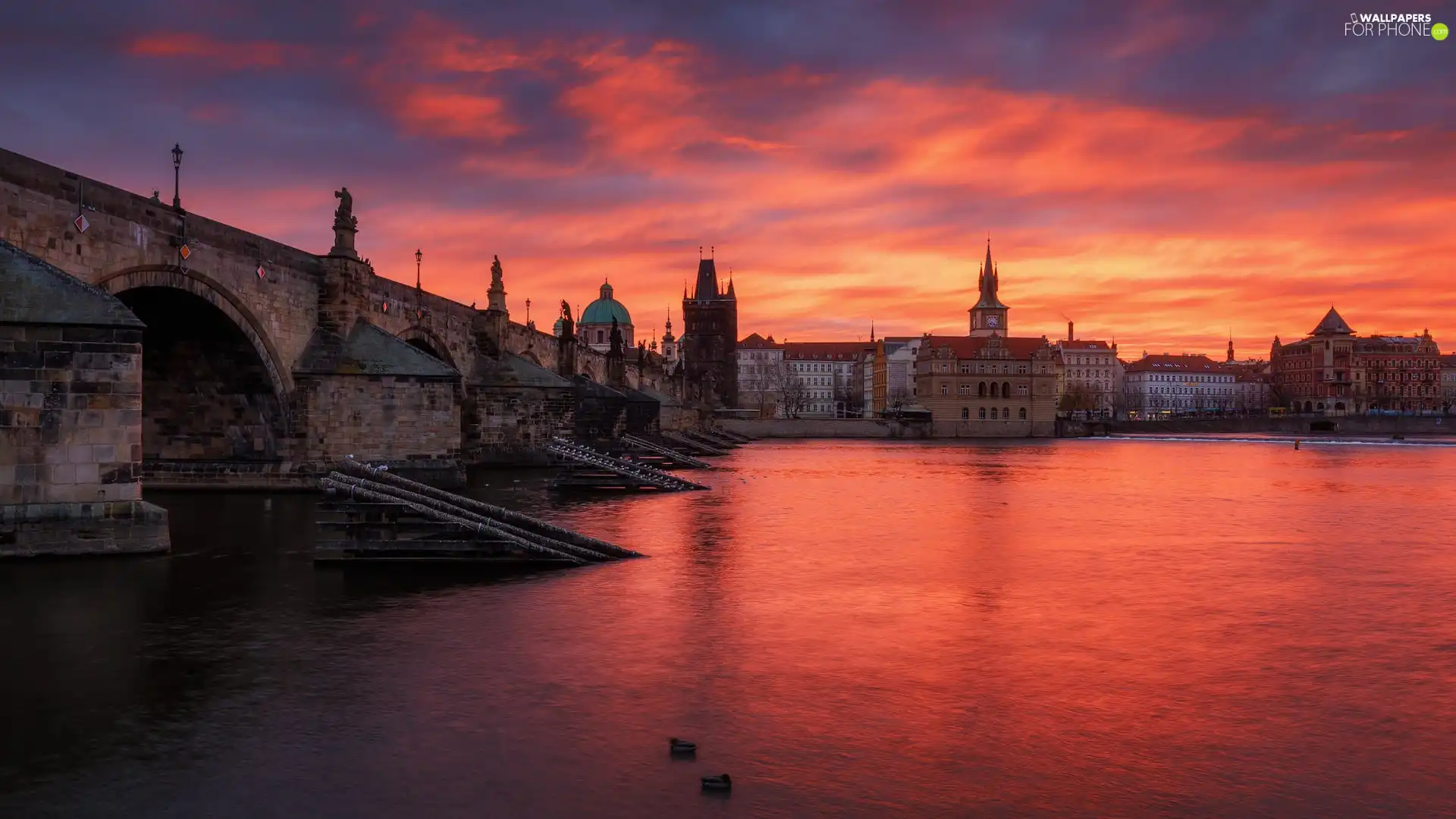 Vltava River, Czech Republic, Houses, Sunrise, Charles Bridge, Prague