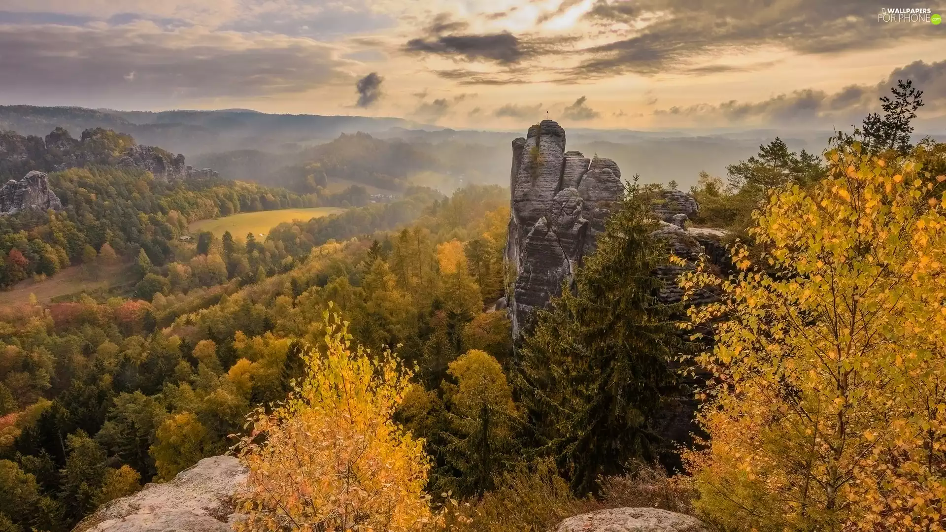 trees, Saxon Switzerland National Park, Děčínská vrchovina, rocks, autumn, viewes, Germany