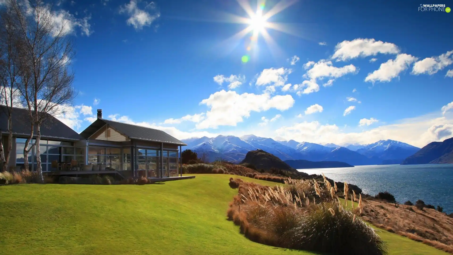 Wanaka, New Zeland, lake, Mountains, house