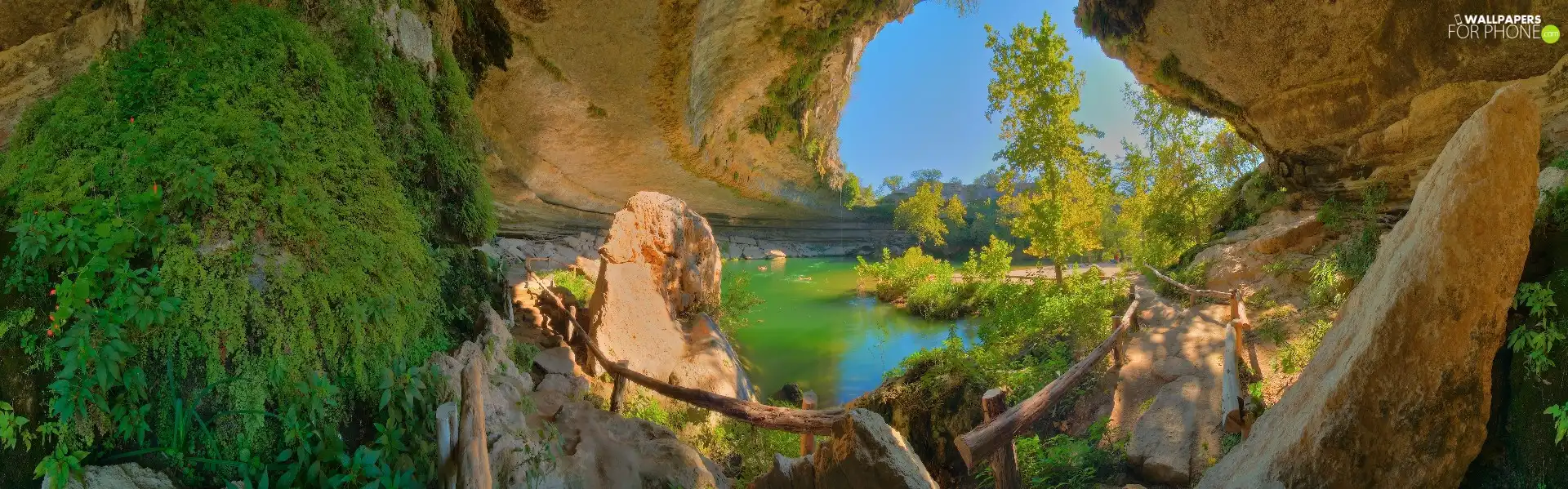 cliff, Path, water, forest