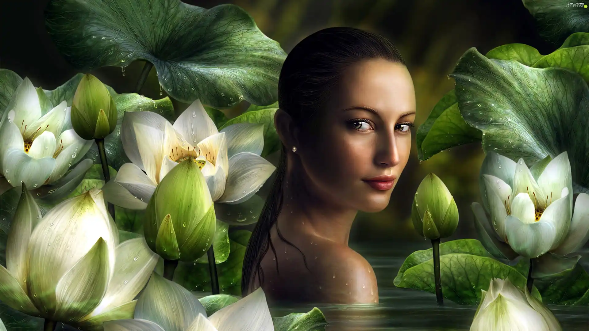water, Women, Flowers