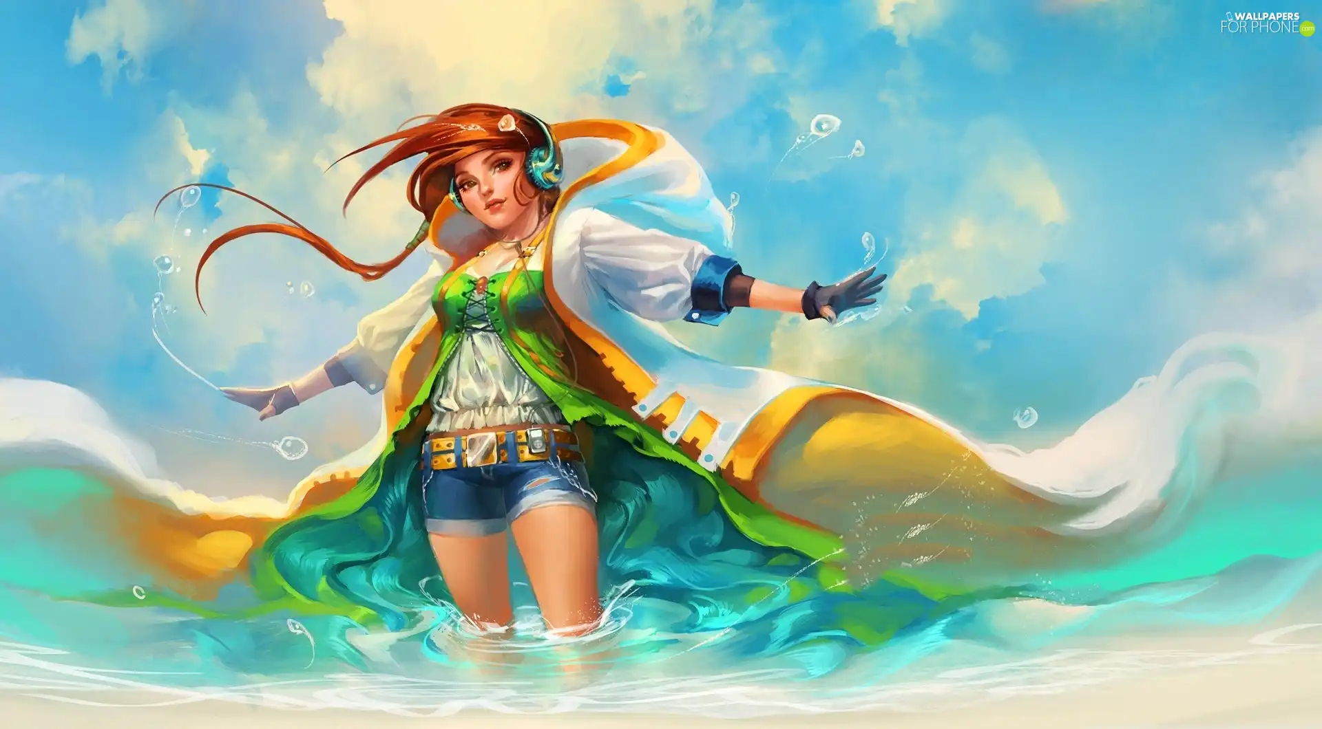 girl, cape, water, HEADPHONES