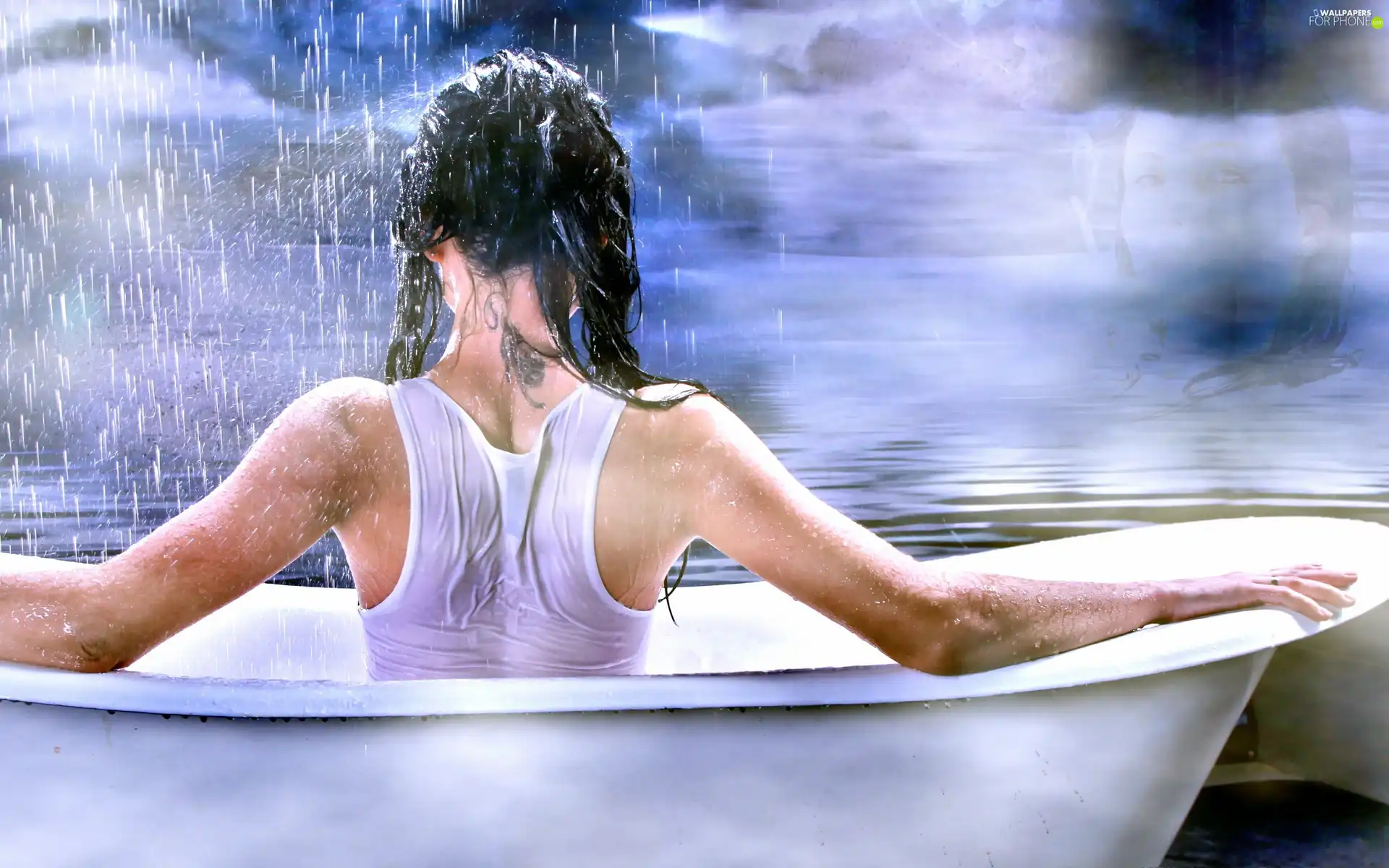 girl, Rain, water, Bath