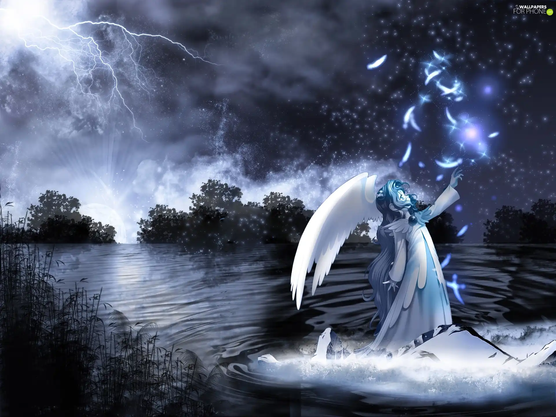 girl, thunderbolt, water, angel