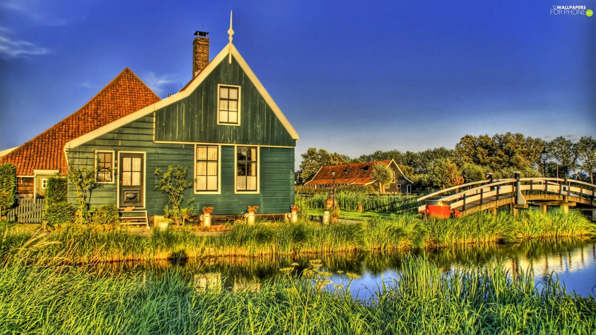 water, grass, house, bridges, wooden