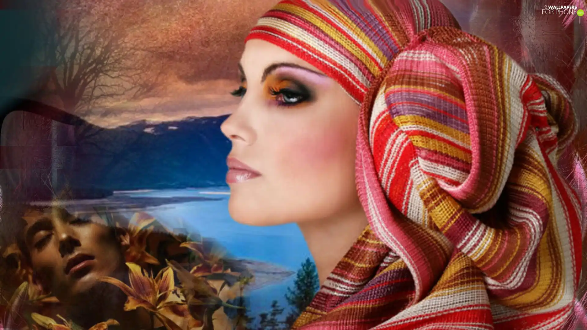 Women, scarf, water, make-up