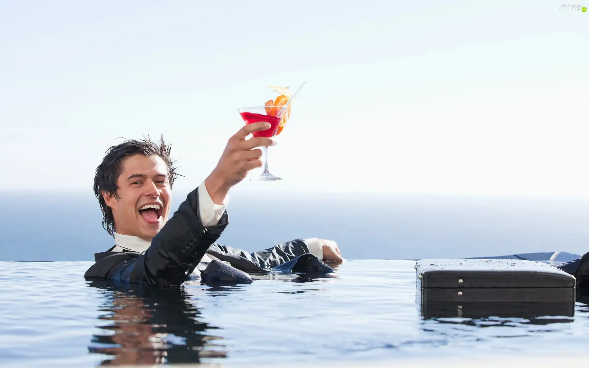 a man, briefcase, water, Drink