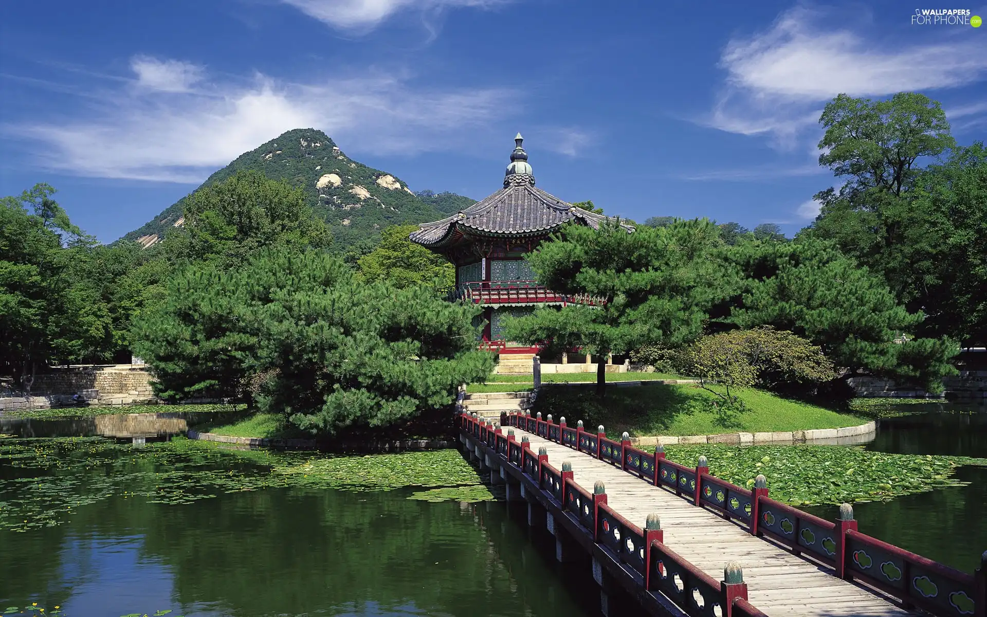 water, mountains, asiatic, bridges, Garden