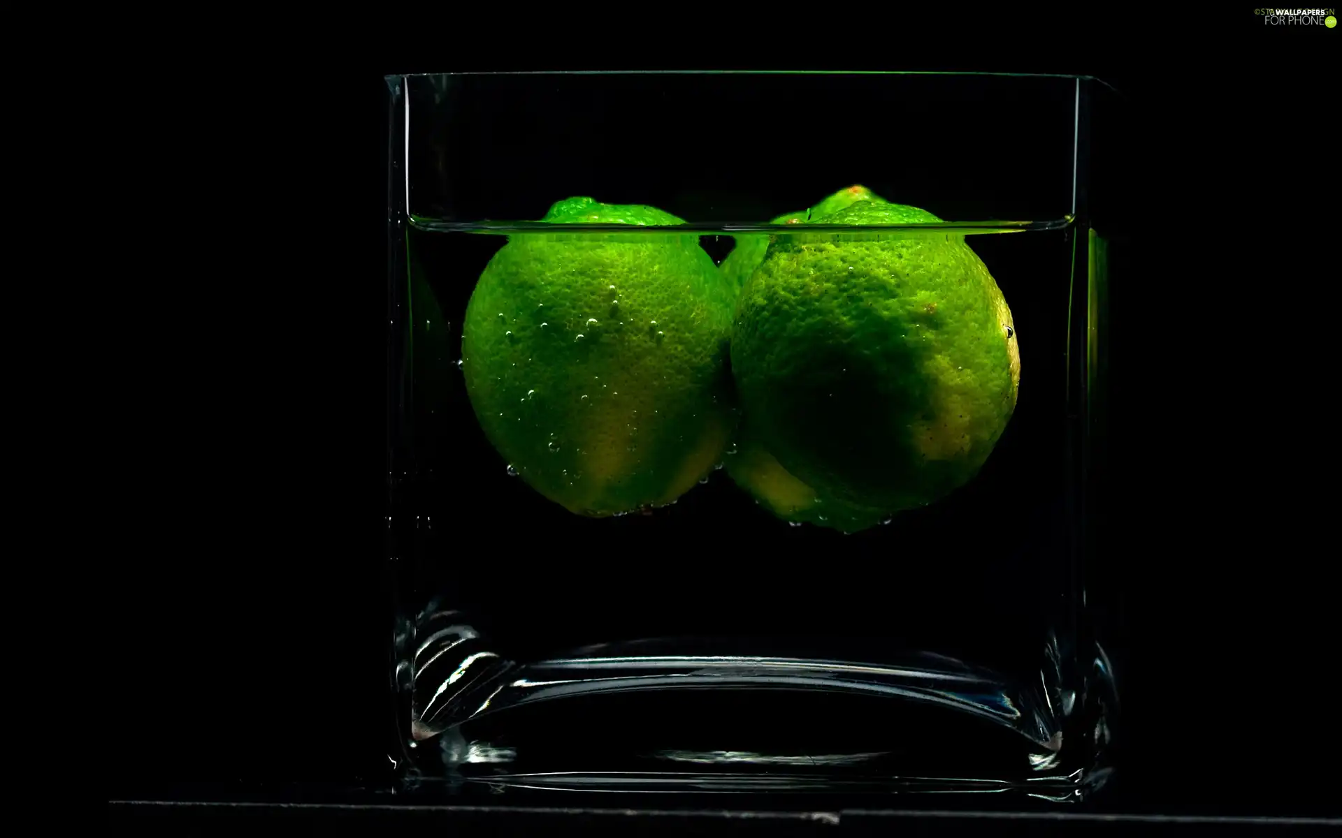 Two, cup, water, limes