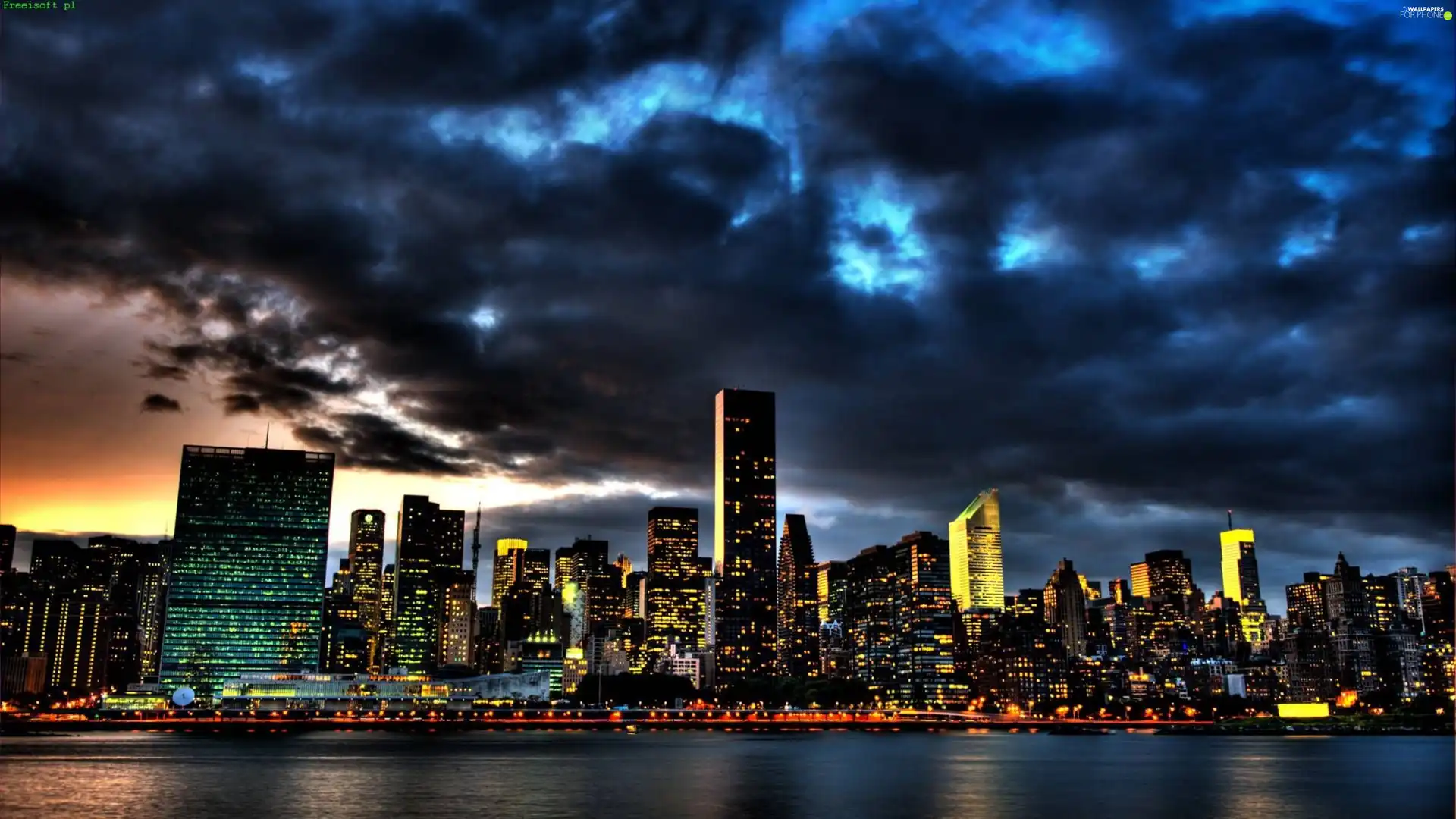 New York, Sky, water, night
