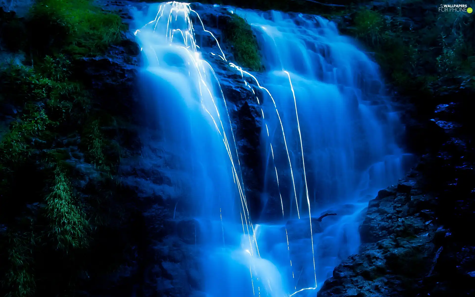 waterfall, Mountains, blue